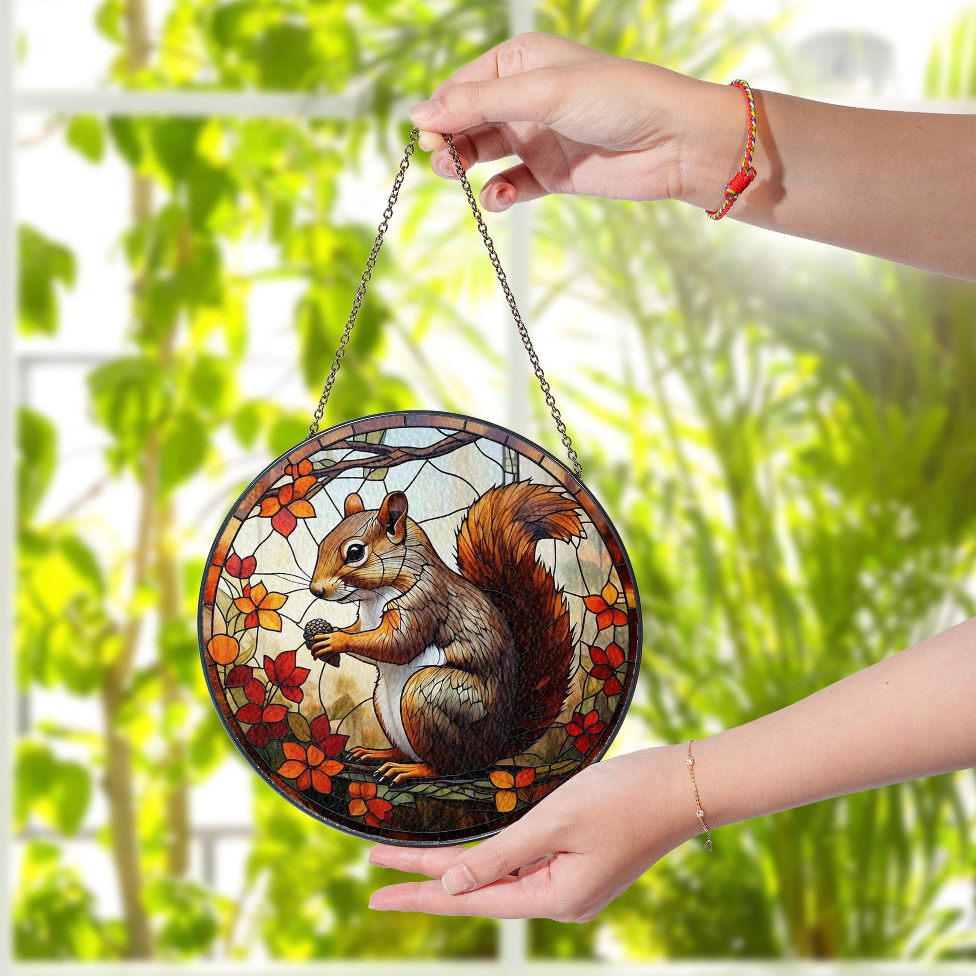 Squirrel Glass Suncatcher – Autumn Leaves Window Hanging with Acorn, Woodland Animal Fall Home Decor