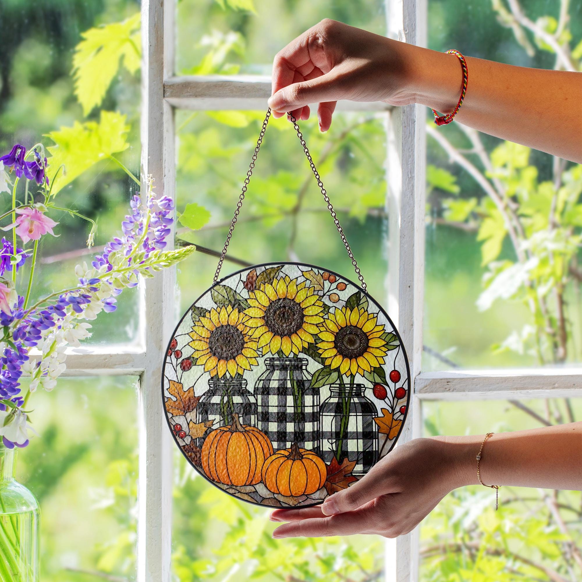 Sunflower & Pumpkin Stained Glass Suncatcher – Fall Buffalo Plaid Jar Window Hanging, Farmhouse Autumn Decor Gift