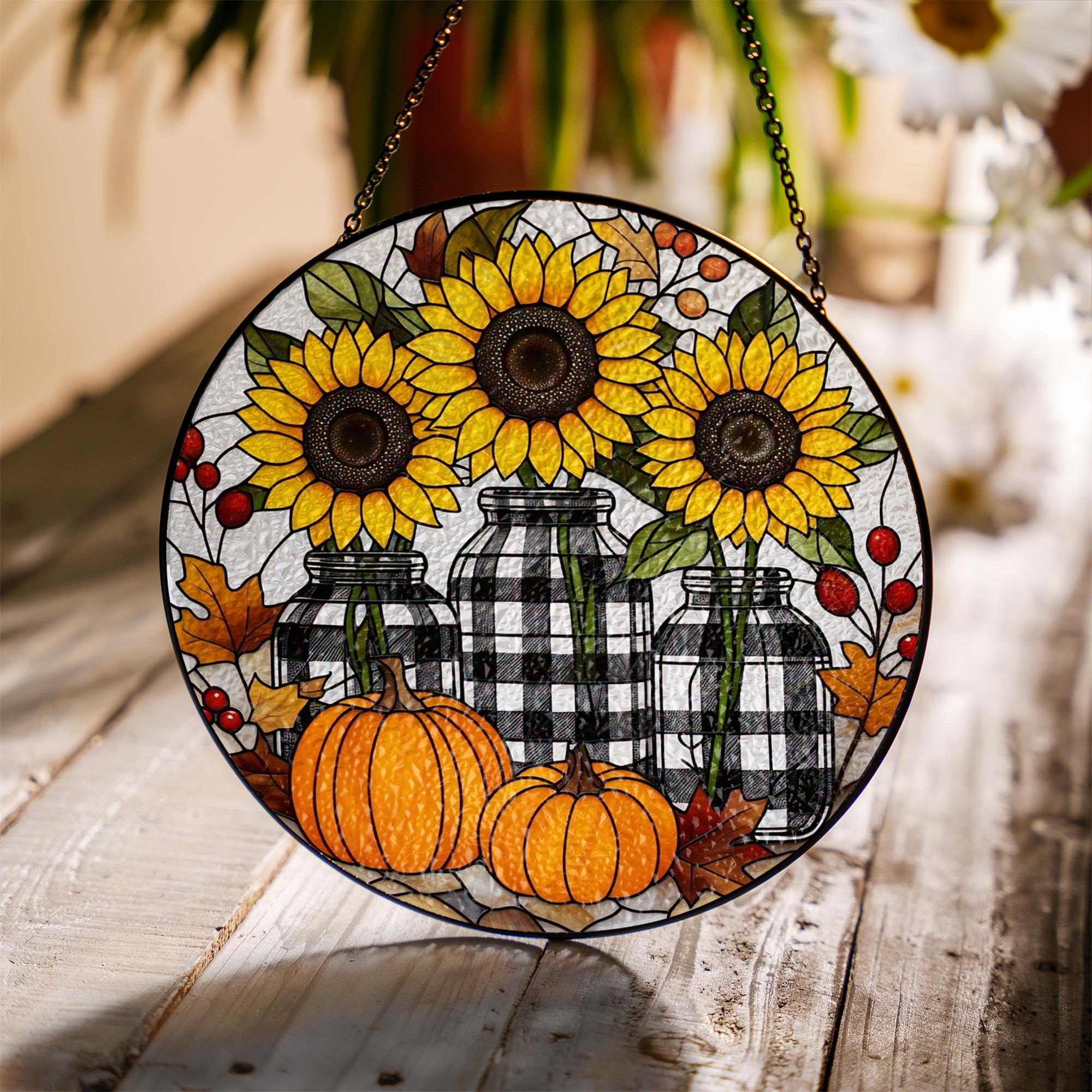 Sunflower & Pumpkin Stained Glass Suncatcher – Fall Buffalo Plaid Jar Window Hanging, Farmhouse Autumn Decor Gift