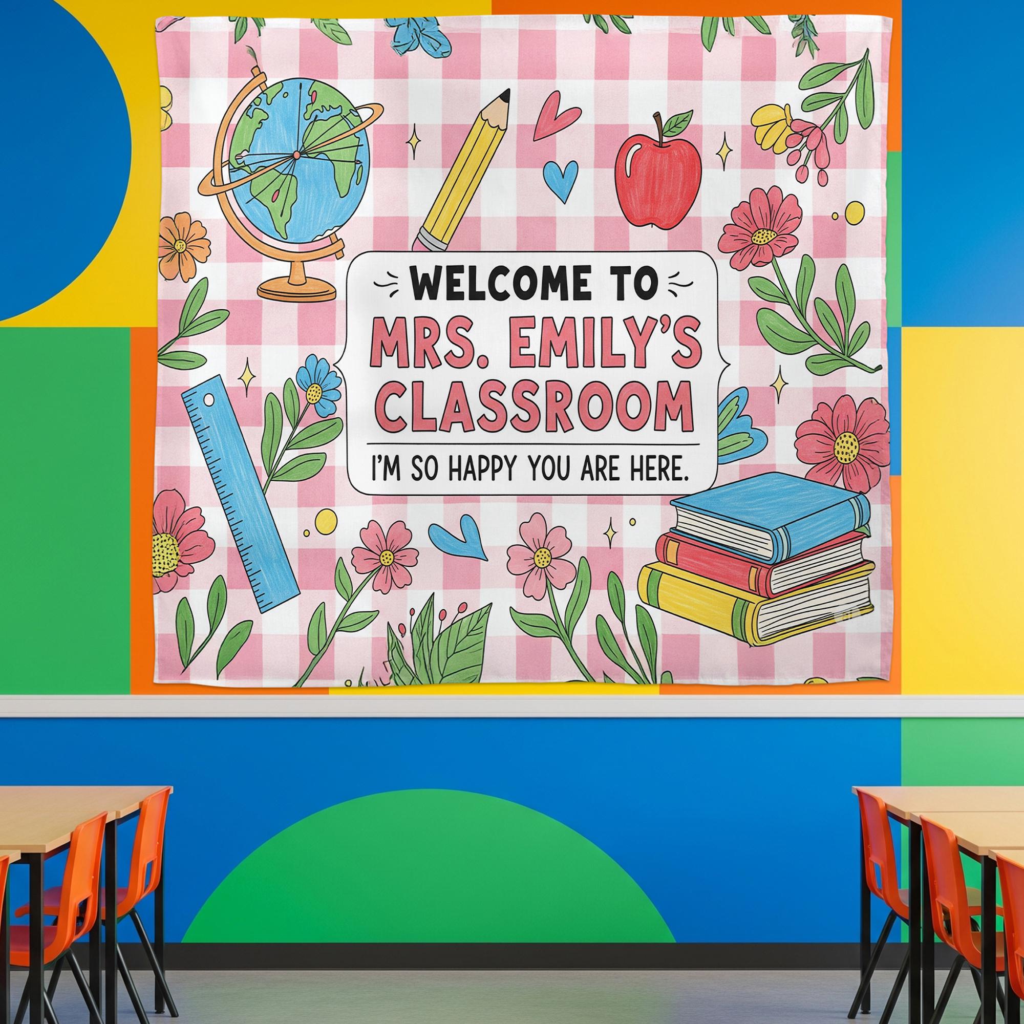 Personalized Classroom Tapestry, Teacher Welcome Sign, Custom Name Back to School Decor, Mrs. Classroom Wall Hanging Banner, Class Decor