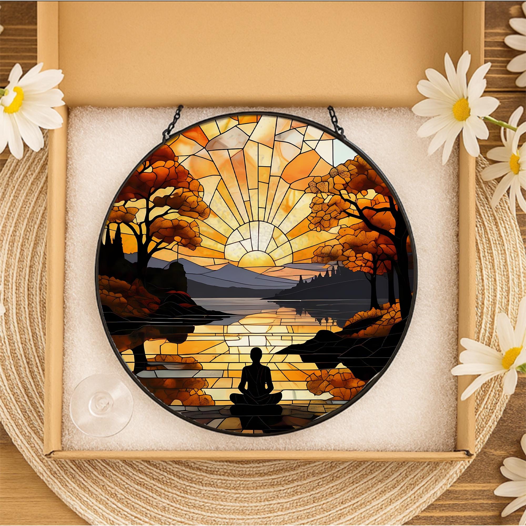 Sunrise Meditation Glass Suncatcher – Autumn Lake Scene Window Hanging, Zen Nature Decor for Mindful Spaces