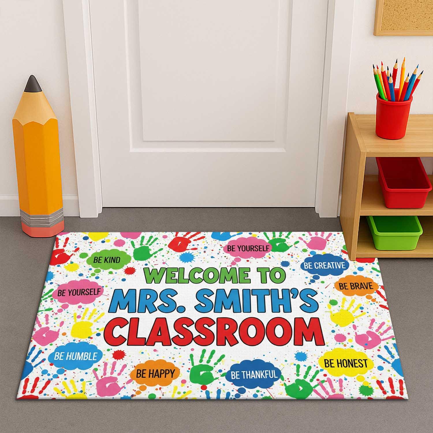 Custom Welcome Classroom Doormat, Personalized Teacher Rug, Back to School Floor Mat, Handprint School Decor, Custom Classroom Mat