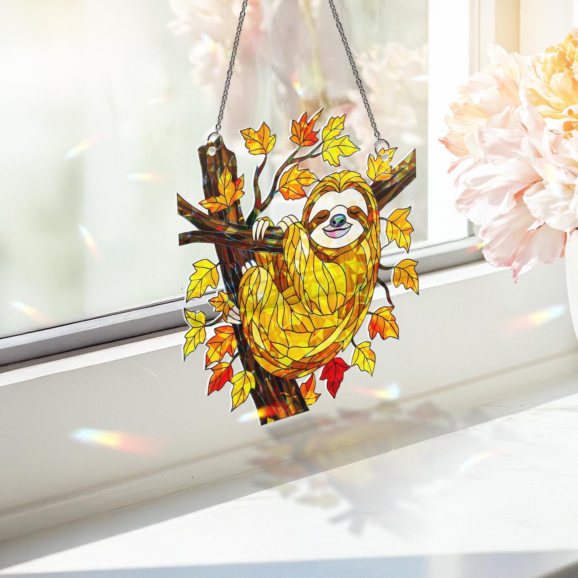 Sloth Holographic Acrylic Window Hanging – Fall Leaves Cute Animal Decor, Lazy Day Sun Catcher Gift for Sloth Lovers