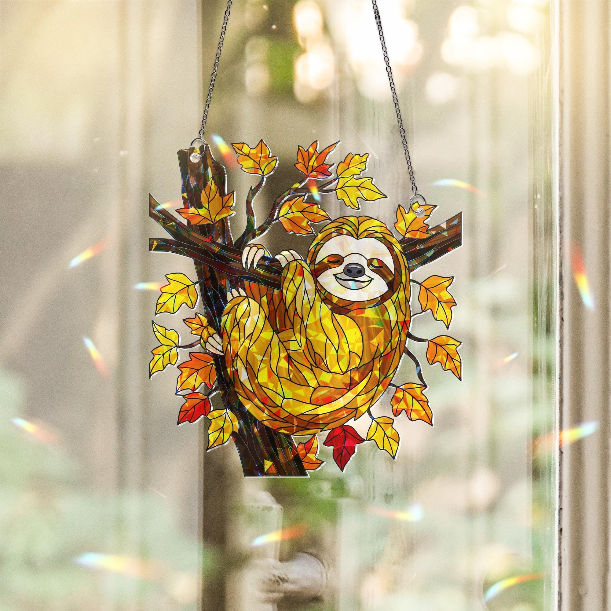 Sloth Holographic Acrylic Window Hanging – Fall Leaves Cute Animal Decor, Lazy Day Sun Catcher Gift for Sloth Lovers