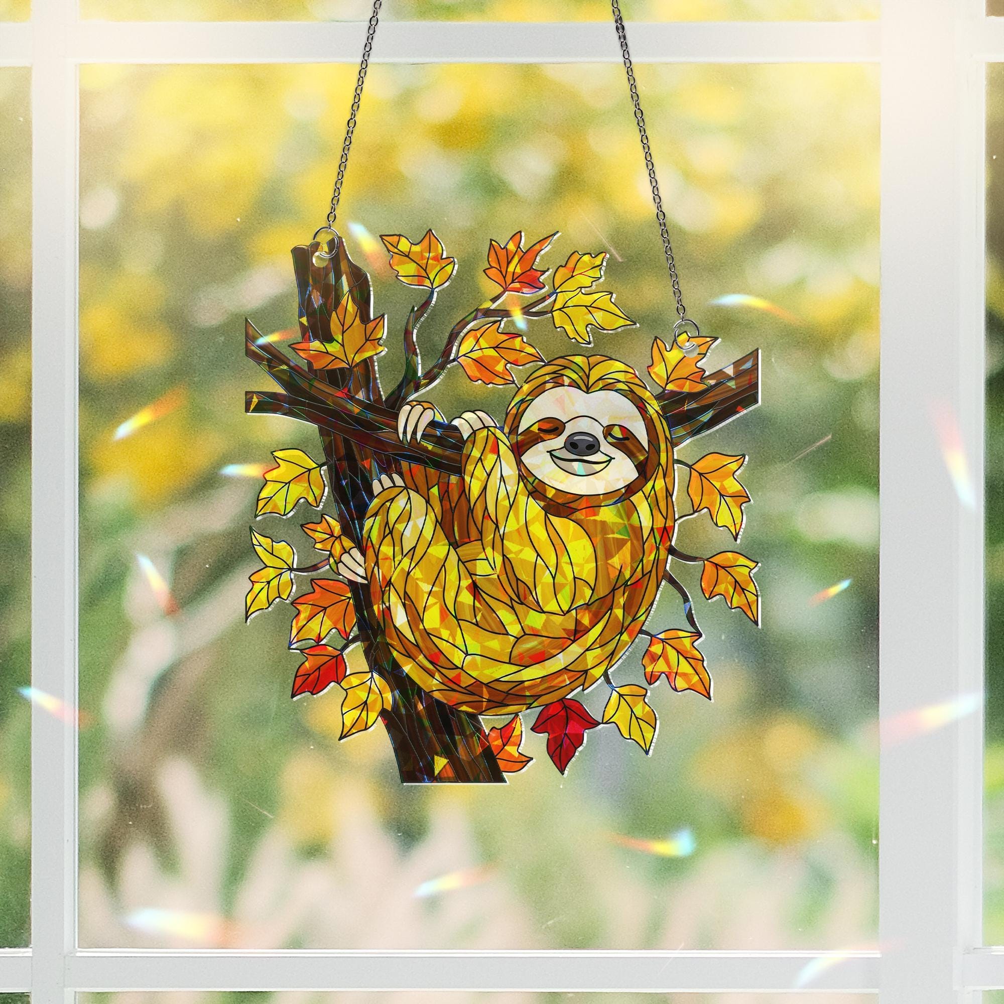 Sloth Holographic Acrylic Window Hanging – Fall Leaves Cute Animal Decor, Lazy Day Sun Catcher Gift for Sloth Lovers