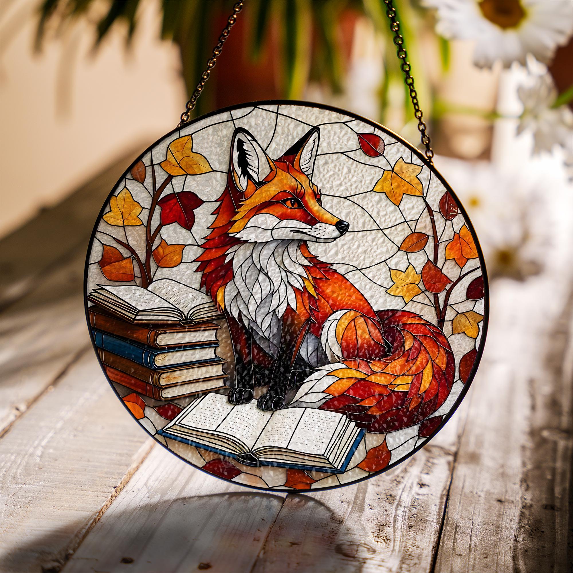 Fox Glass Suncatcher – Autumn Leaves & Book Stack Window Hanging, Cozy Library Woodland Animal Decor