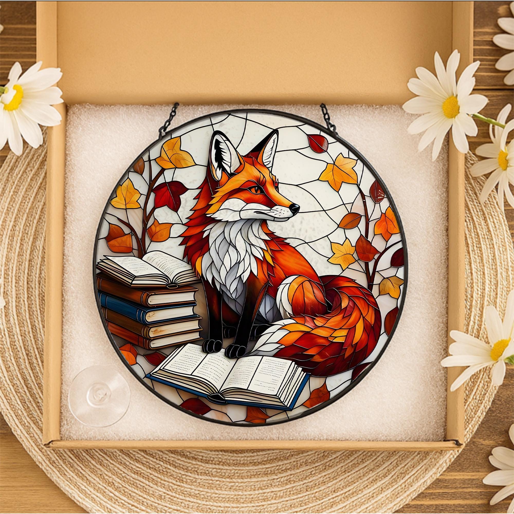 Fox Glass Suncatcher – Autumn Leaves & Book Stack Window Hanging, Cozy Library Woodland Animal Decor