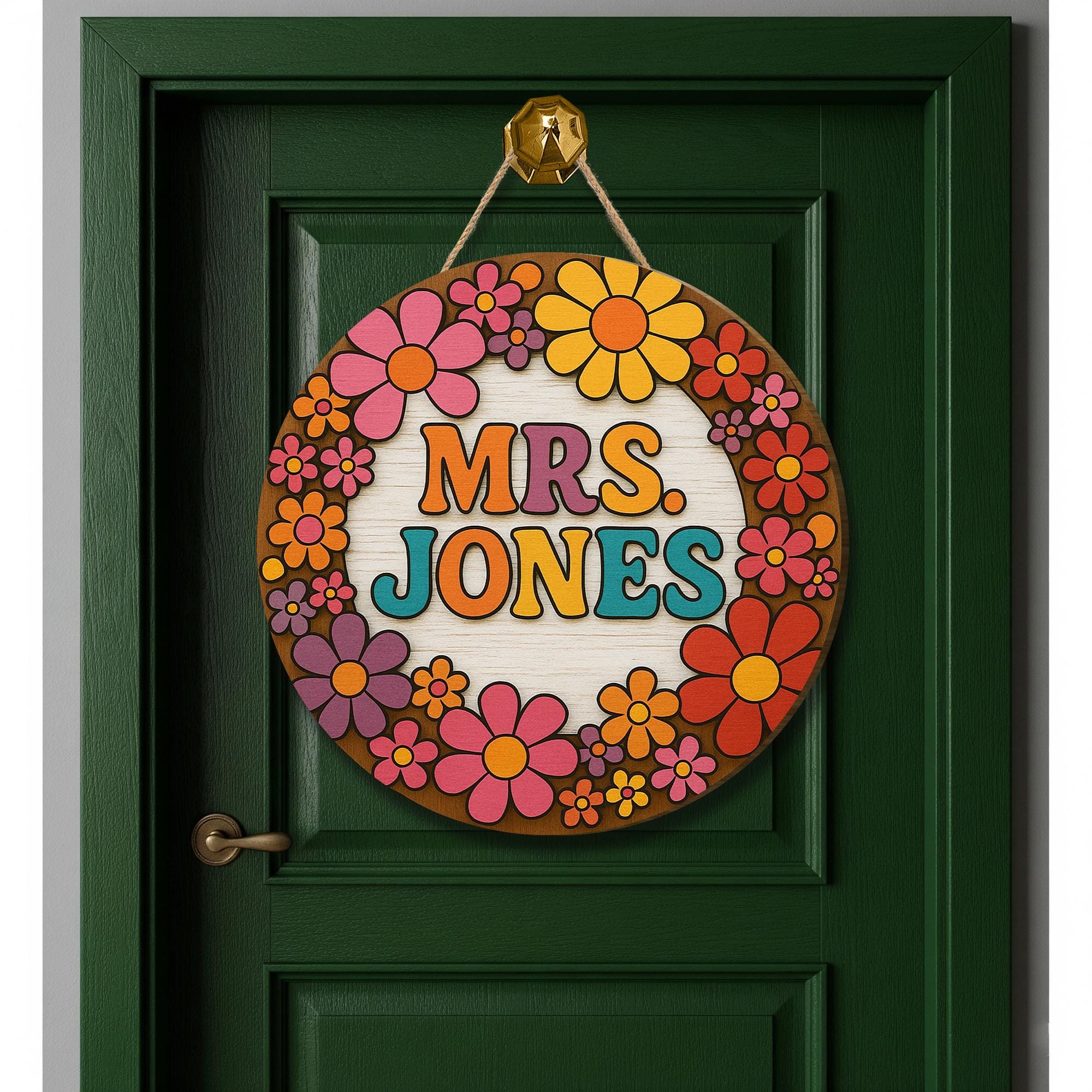 Personalized Teacher Door Sign, Retro Floral Classroom Decor, Custom Name Wood Sign, Back to School Gift for Teachers, Welcome Class Sign