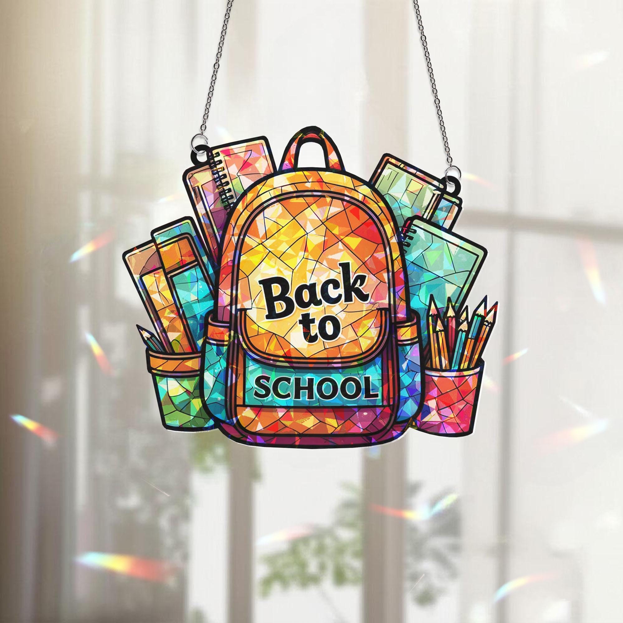 Back to School Backpack Window Hanging, Classroom Decor, Teacher Sun Catcher, Colorful School Window Art