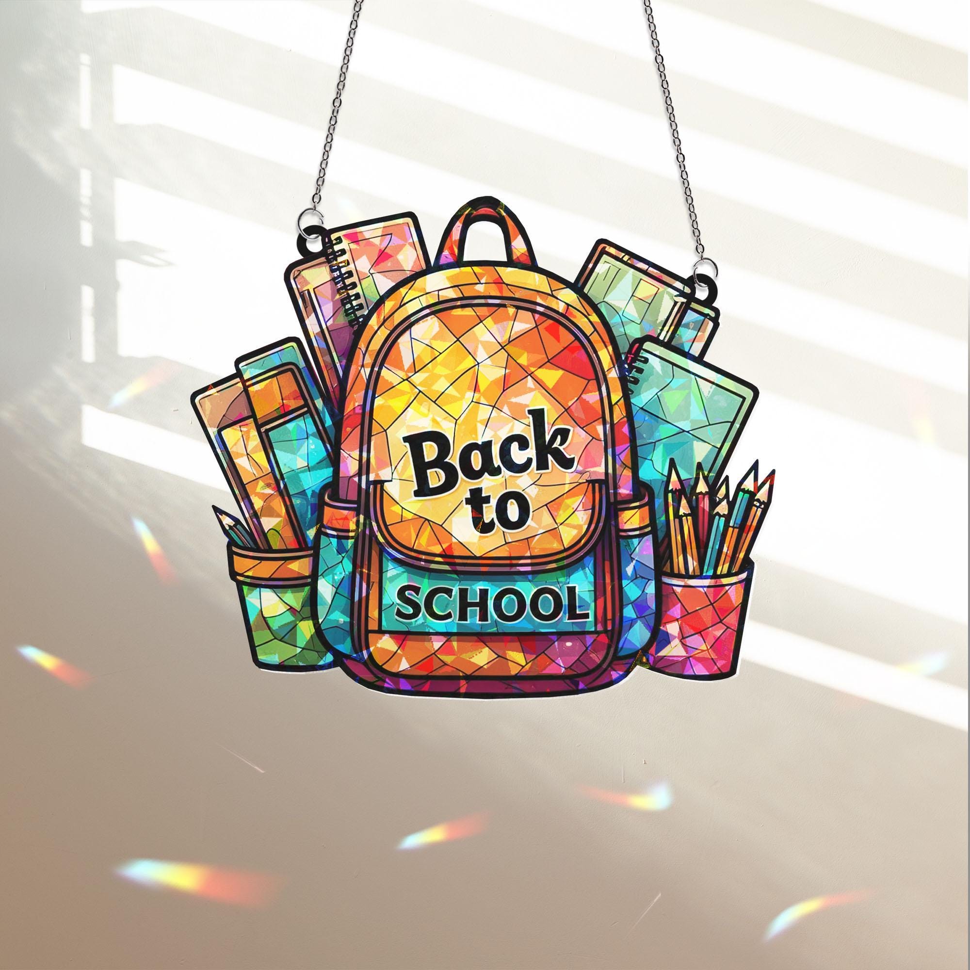 Back to School Backpack Window Hanging, Classroom Decor, Teacher Sun Catcher, Colorful School Window Art