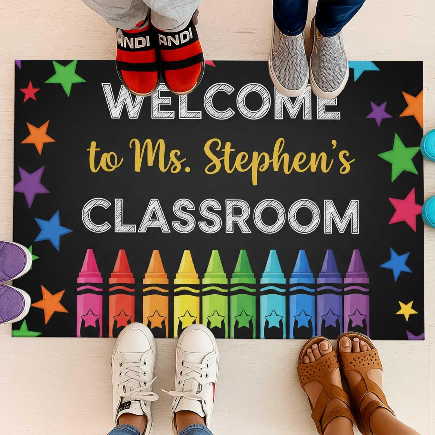Welcome Classroom Doormat, Crayon Theme Teacher Rug, Personalized Back to School Mat, Rainbow Stars School Decor