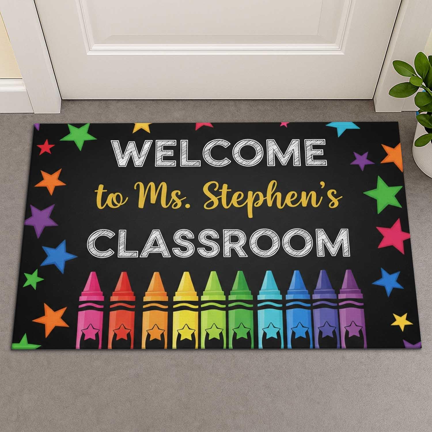 Welcome Classroom Doormat, Crayon Theme Teacher Rug, Personalized Back to School Mat, Rainbow Stars School Decor