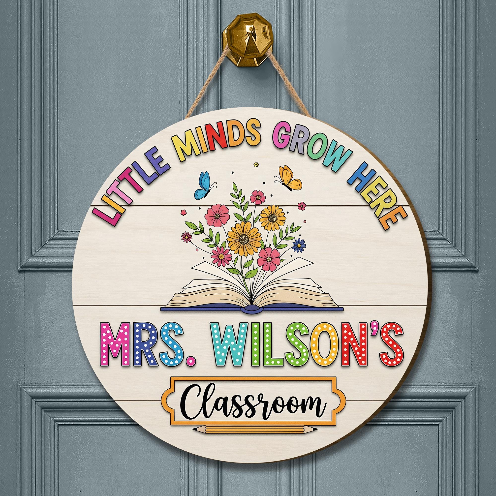 Teacher Door Wooden Sign, Classroom Decor, Custom Name Sign, Little Minds Grow Here, Wooden School Sign, Back to School Gift