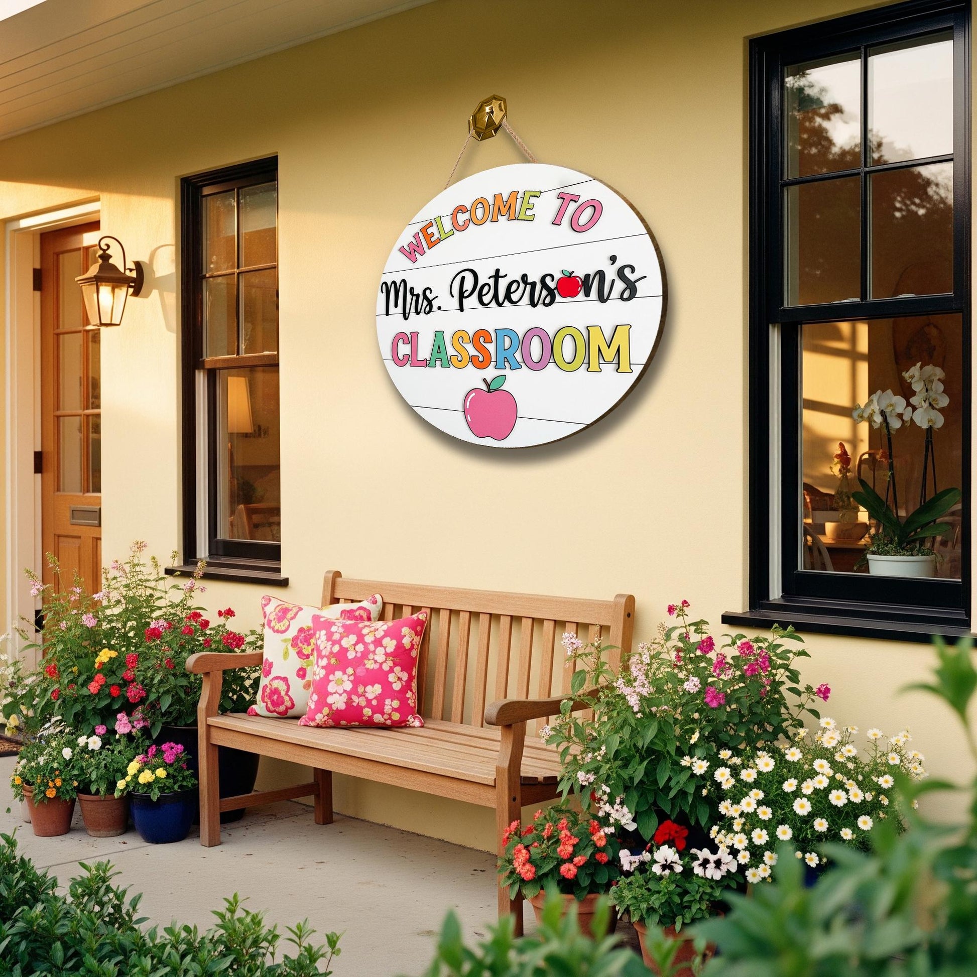 Welcome Classroom Sign, Teacher Door Decor, Custom Name Sign, Apple School Sign, Back to School Gift, Round Wooden Sign