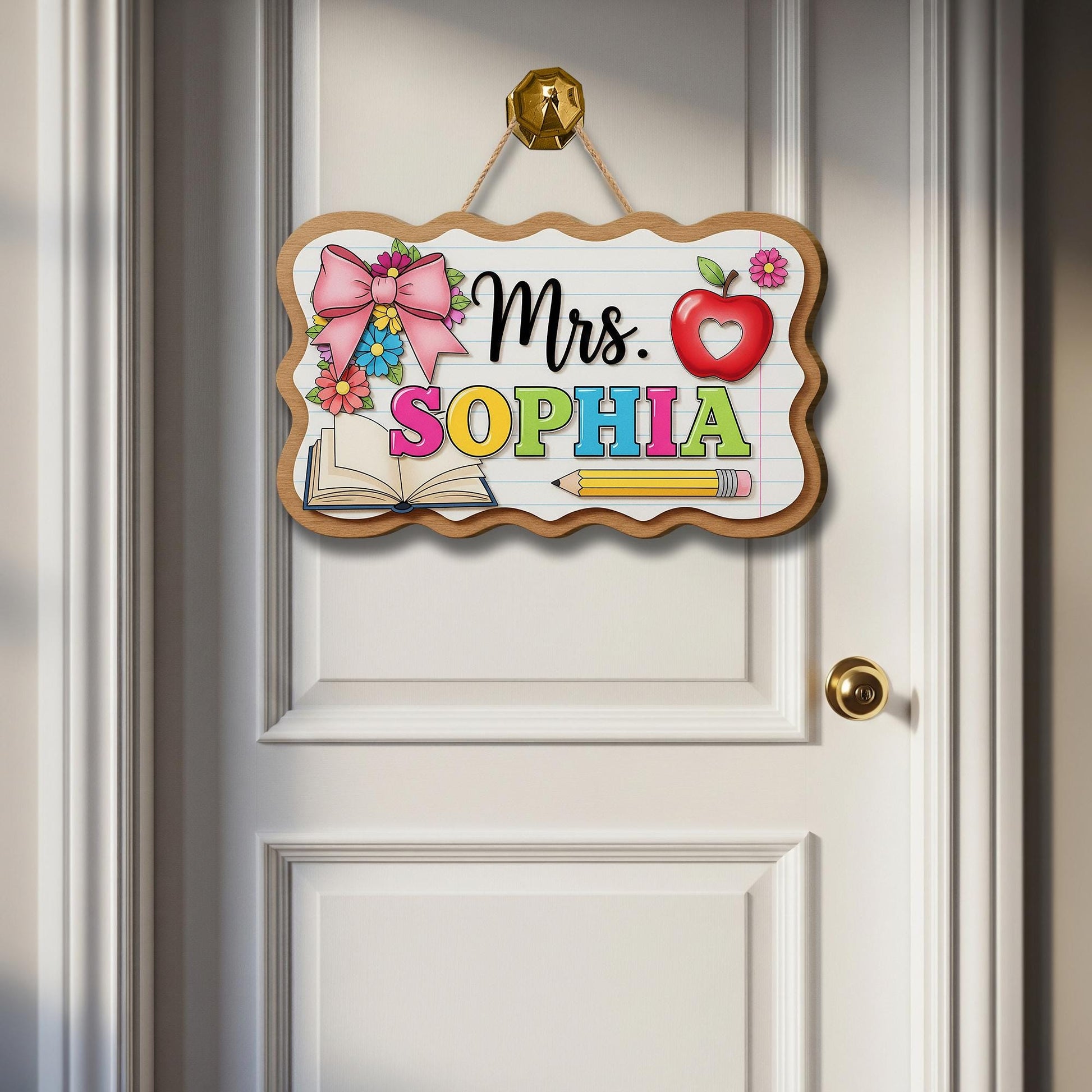 Teacher Door Sign, Custom Name Classroom Sign, Cute Wooden School Sign,Teacher Gift, Back to School Decor, Floral Apple Sign,Classroom Decor
