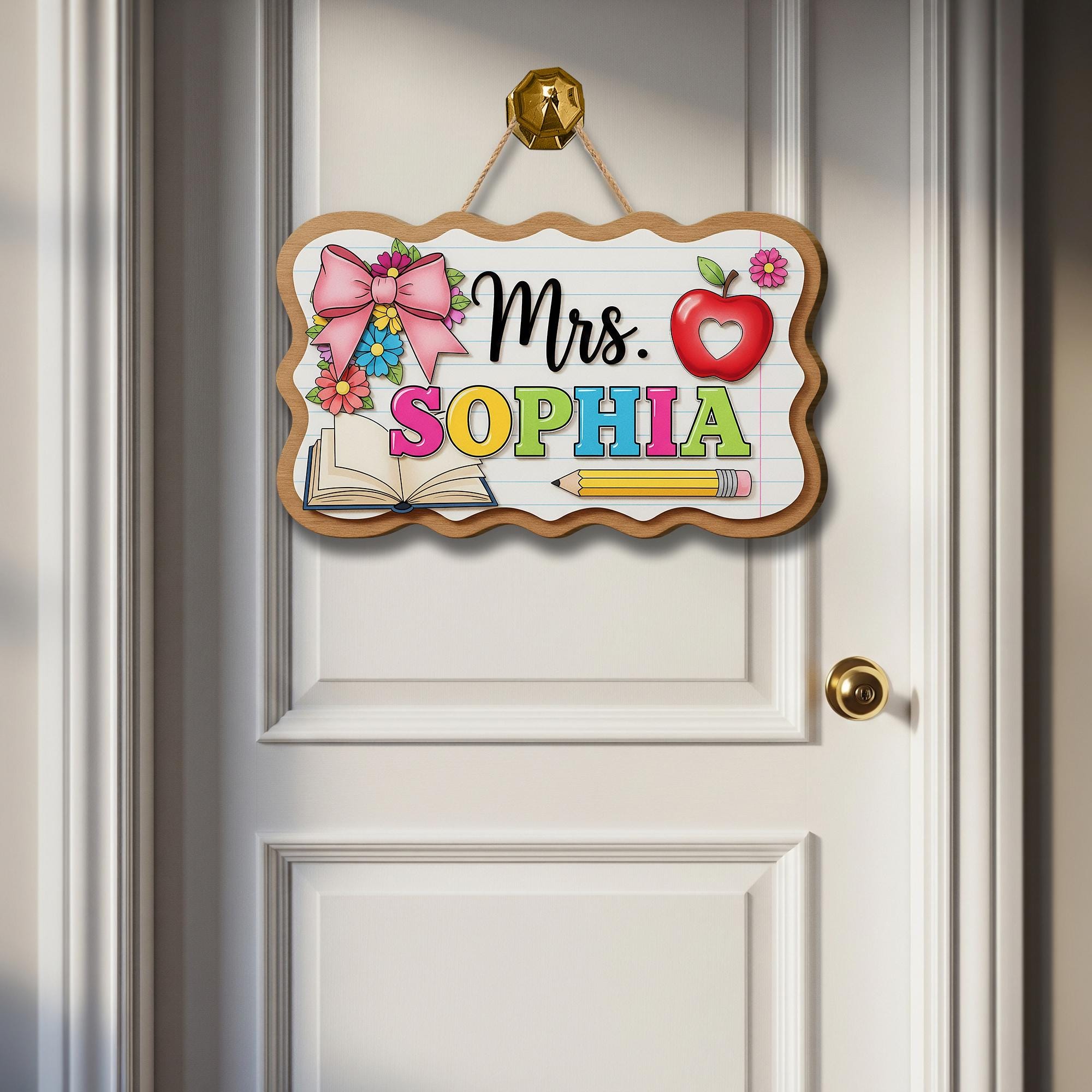 Teacher Door Sign, Custom Name Classroom Sign, Cute Wooden School Sign,Teacher Gift, Back to School Decor, Floral Apple Sign,Classroom Decor