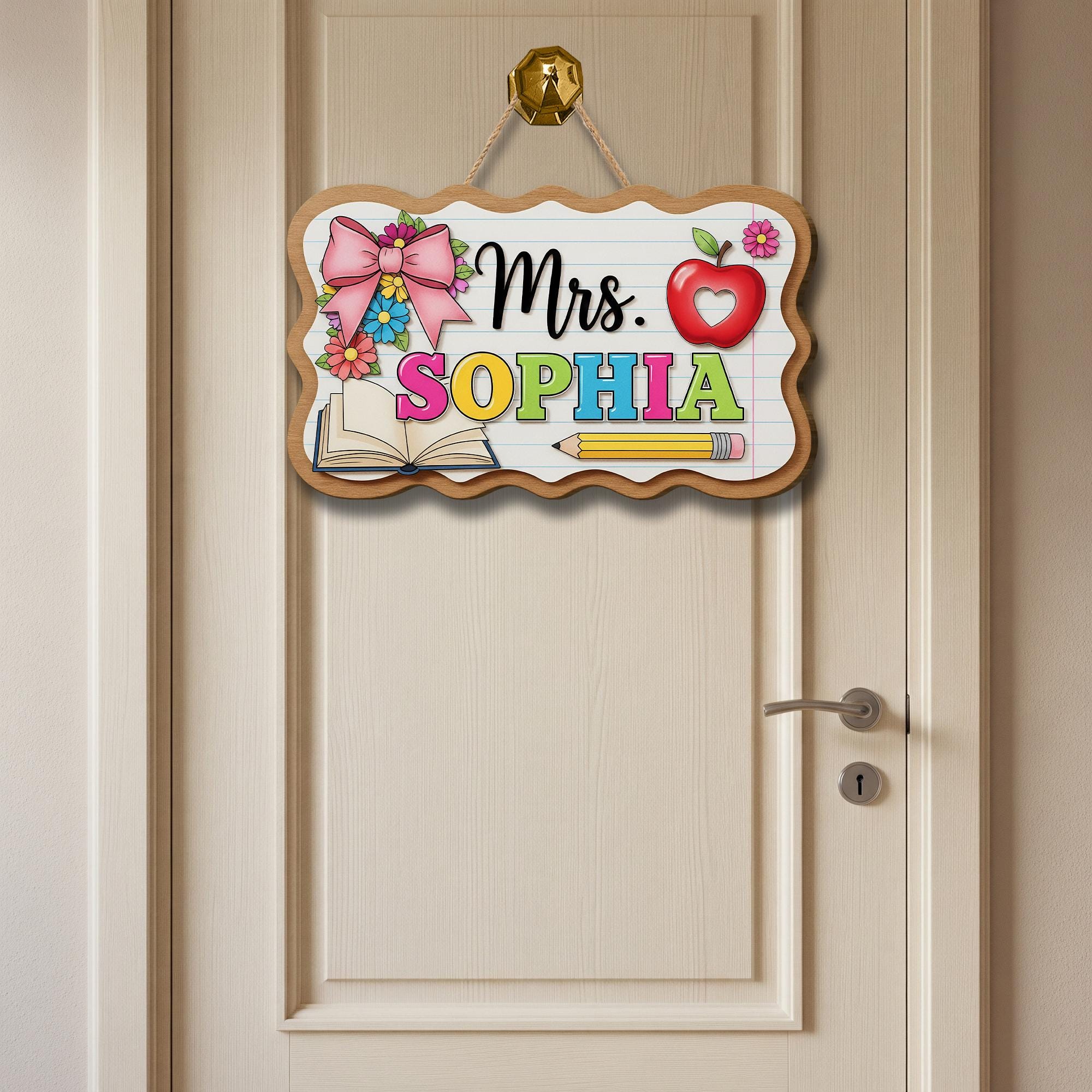 Teacher Door Sign, Custom Name Classroom Sign, Cute Wooden School Sign,Teacher Gift, Back to School Decor, Floral Apple Sign,Classroom Decor