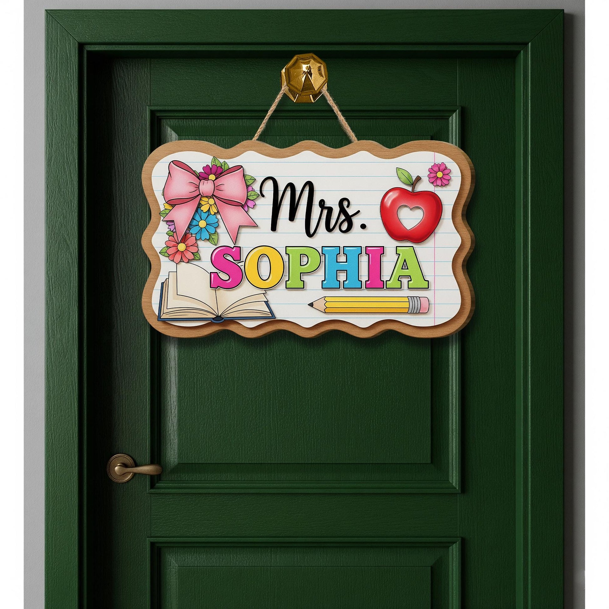 Teacher Door Sign, Custom Name Classroom Sign, Cute Wooden School Sign,Teacher Gift, Back to School Decor, Floral Apple Sign,Classroom Decor