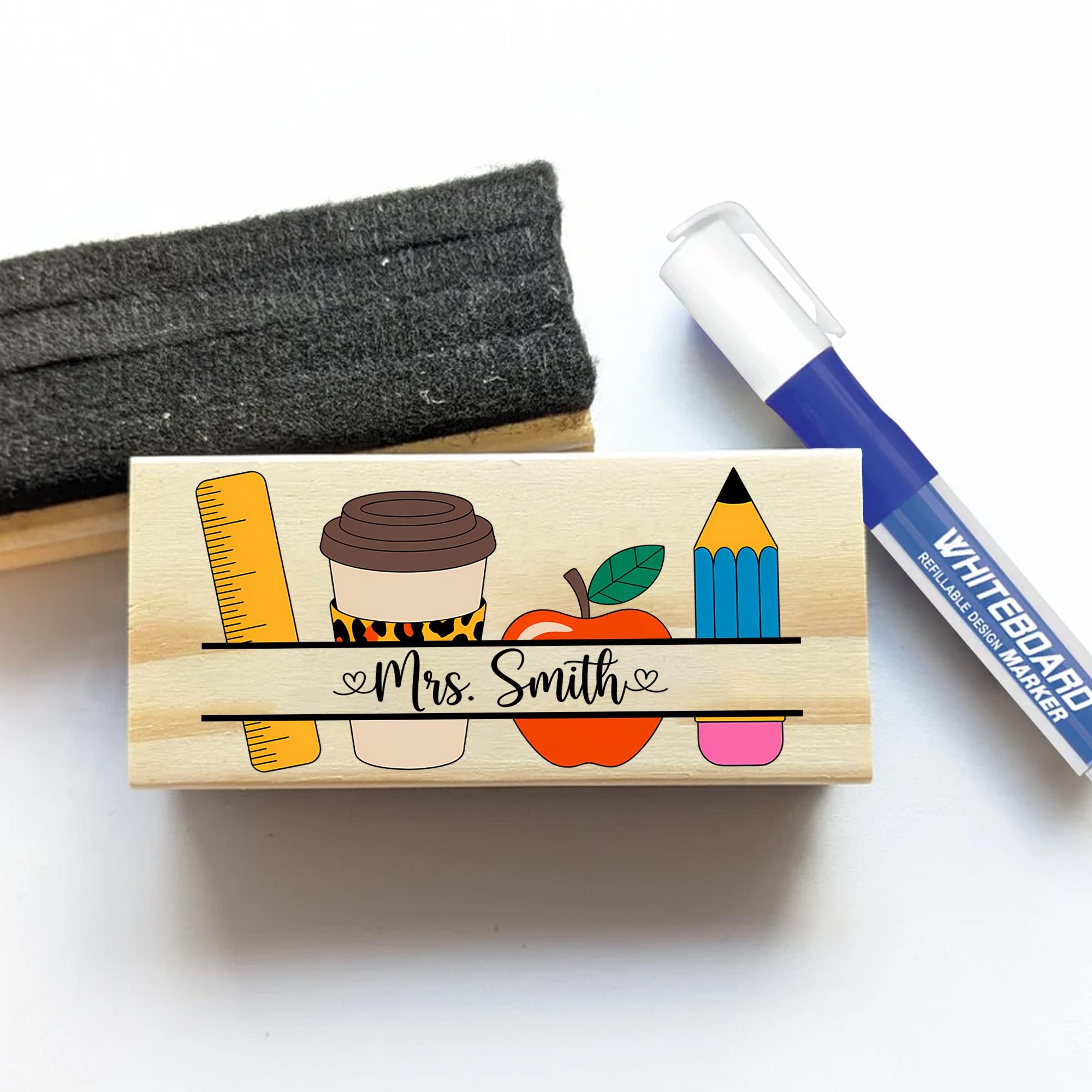 Personalized Teacher Chalkboard Eraser – Custom Name Classroom Gift with Coffee, Pencil, Ruler & Apple Design for Back to School, Educators