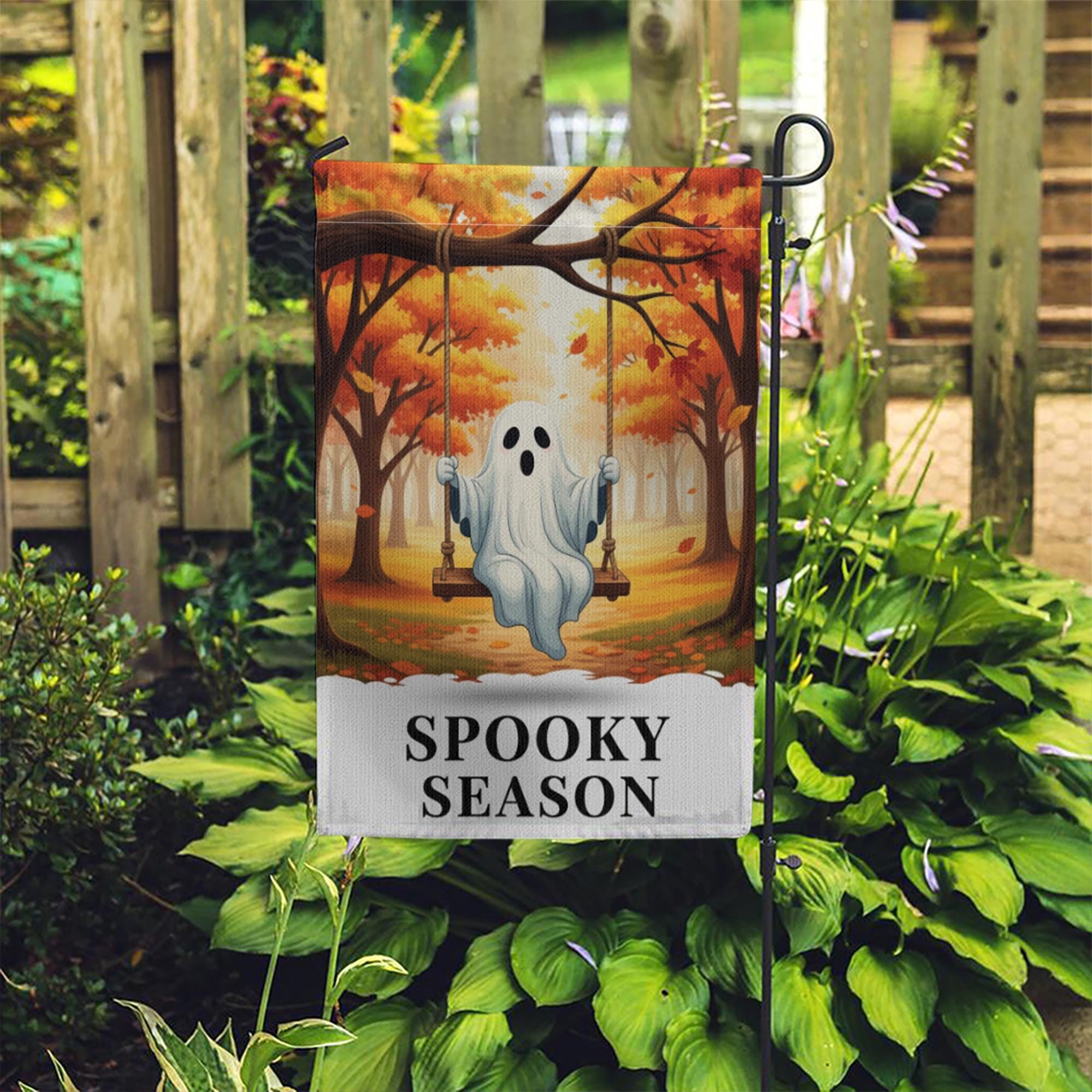 Adorable Ghost Spooky Season Garden Flag - Fall Halloween Outdoor Decor - Cute Boo Porch Banner - Autumn Yard Art