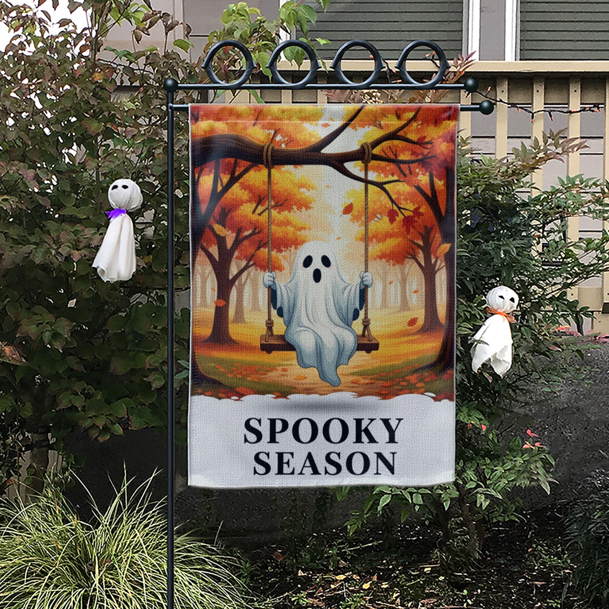 Adorable Ghost Spooky Season Garden Flag - Fall Halloween Outdoor Decor - Cute Boo Porch Banner - Autumn Yard Art