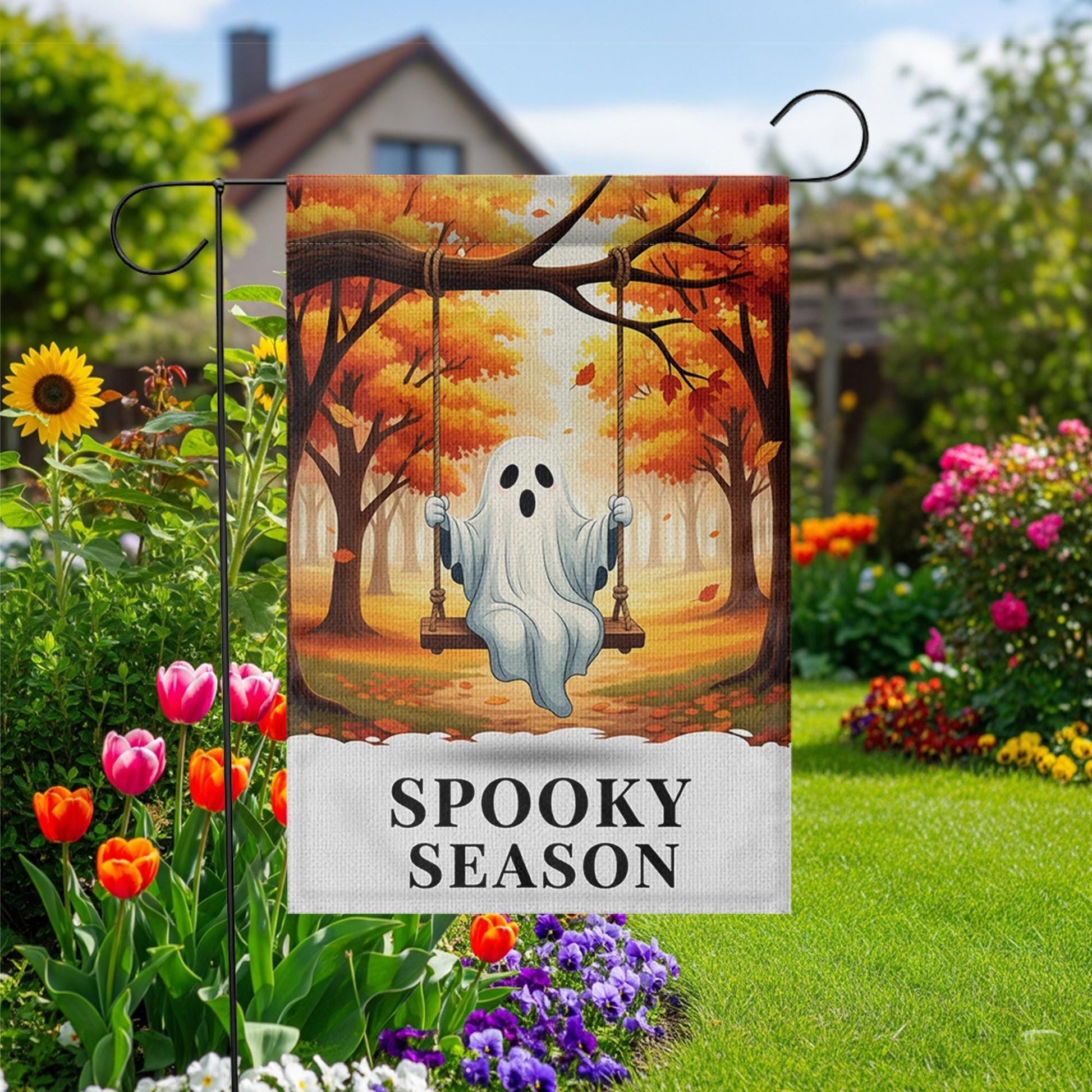 Adorable Ghost Spooky Season Garden Flag - Fall Halloween Outdoor Decor - Cute Boo Porch Banner - Autumn Yard Art