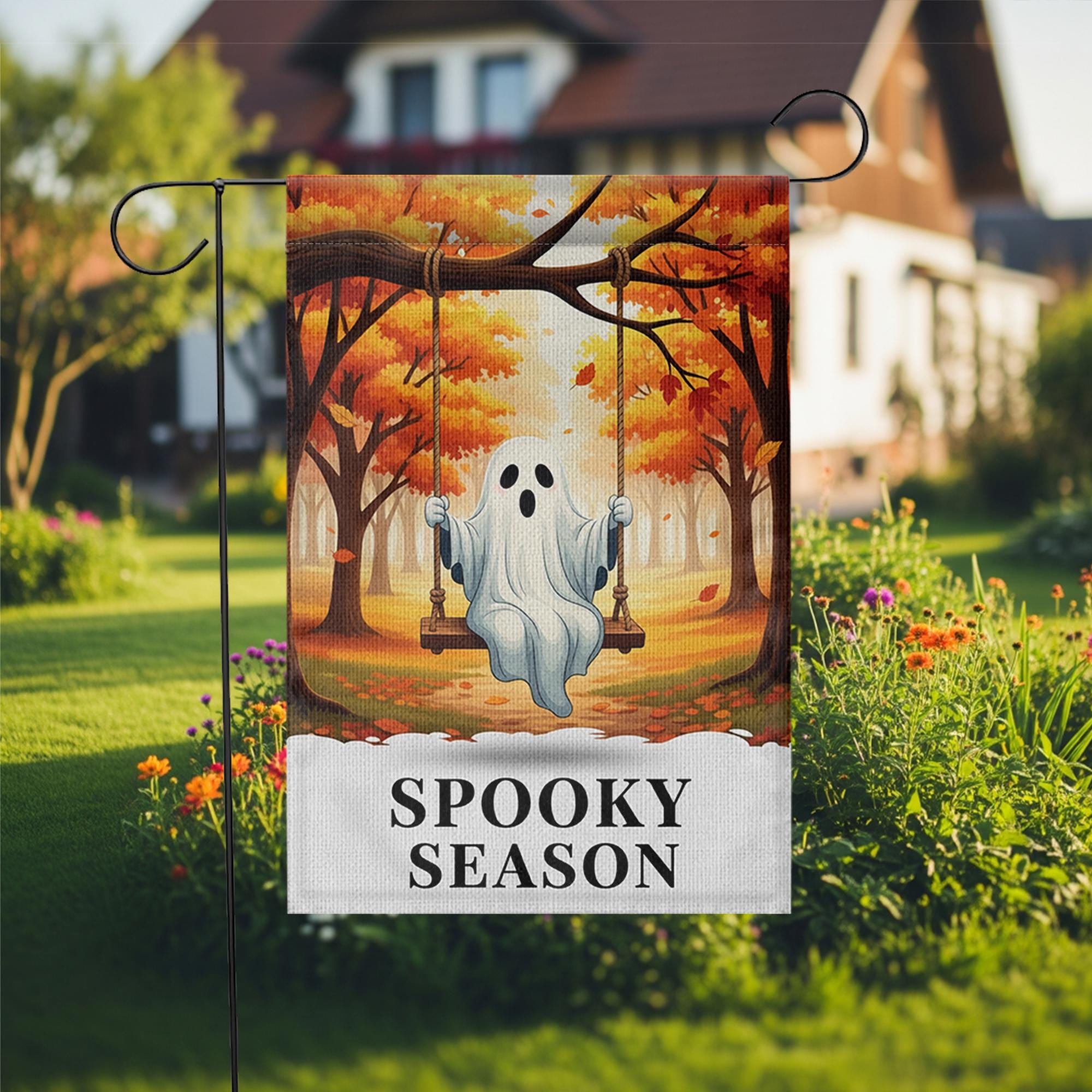 Adorable Ghost Spooky Season Garden Flag - Fall Halloween Outdoor Decor - Cute Boo Porch Banner - Autumn Yard Art