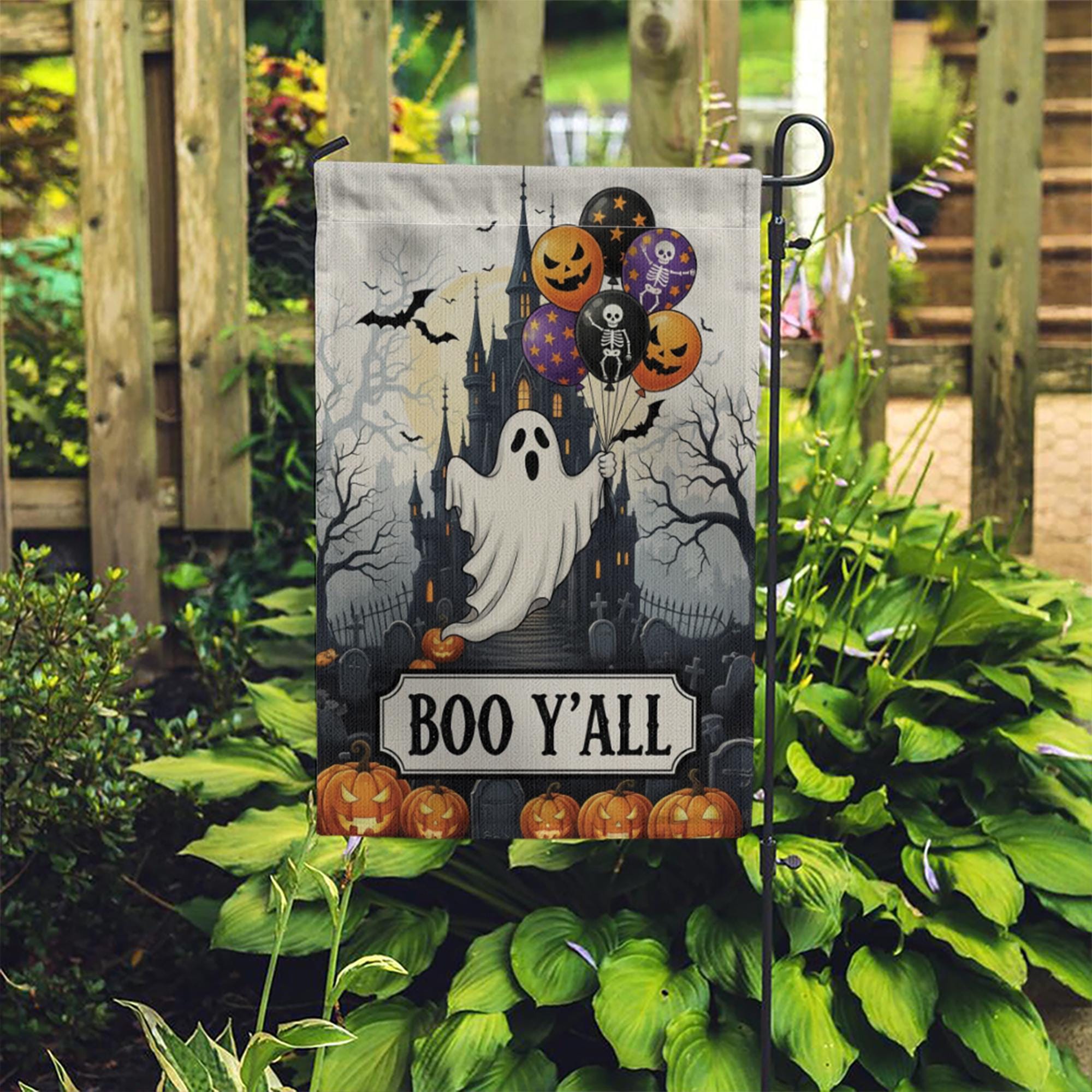 Boo Y'all Halloween Garden Flag - Spooky Ghost Castle Outdoor Decor - Pumpkin Yard Art - Fall Porch Banner - Trick or Treat Sign