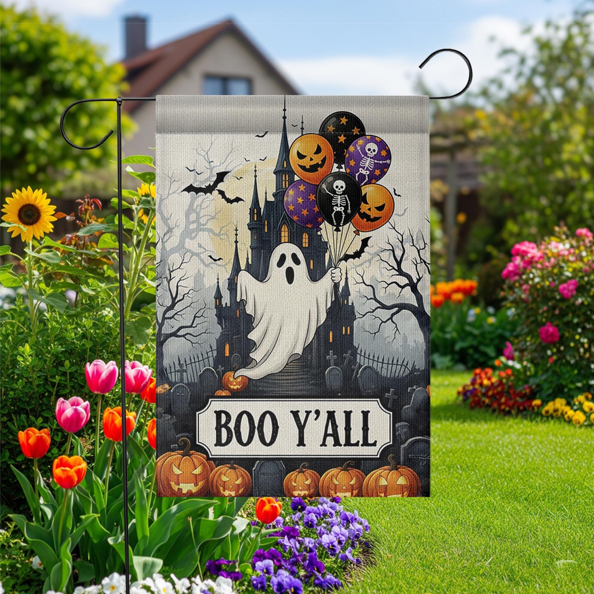 Boo Y'all Halloween Garden Flag - Spooky Ghost Castle Outdoor Decor - Pumpkin Yard Art - Fall Porch Banner - Trick or Treat Sign