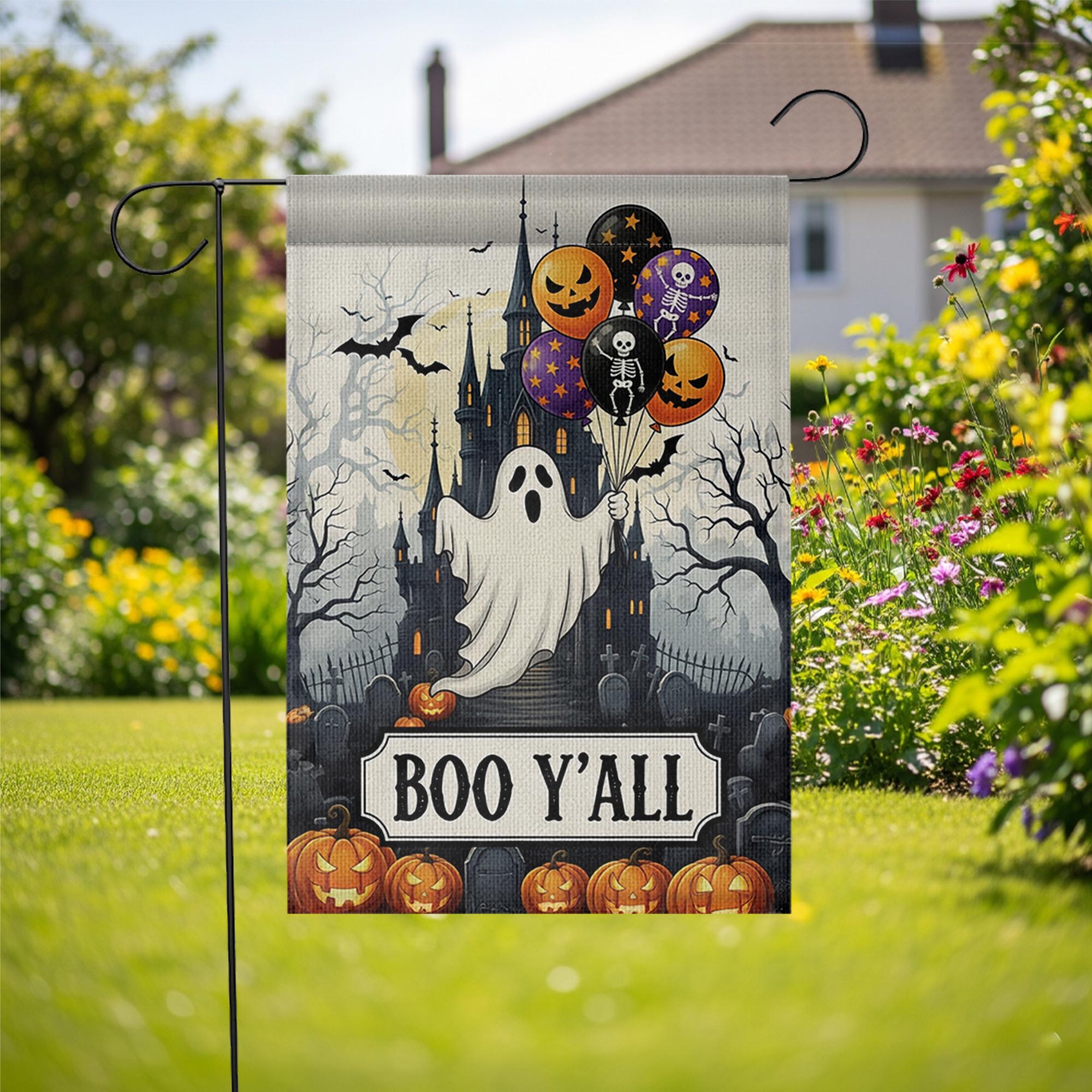 Boo Y'all Halloween Garden Flag - Spooky Ghost Castle Outdoor Decor - Pumpkin Yard Art - Fall Porch Banner - Trick or Treat Sign