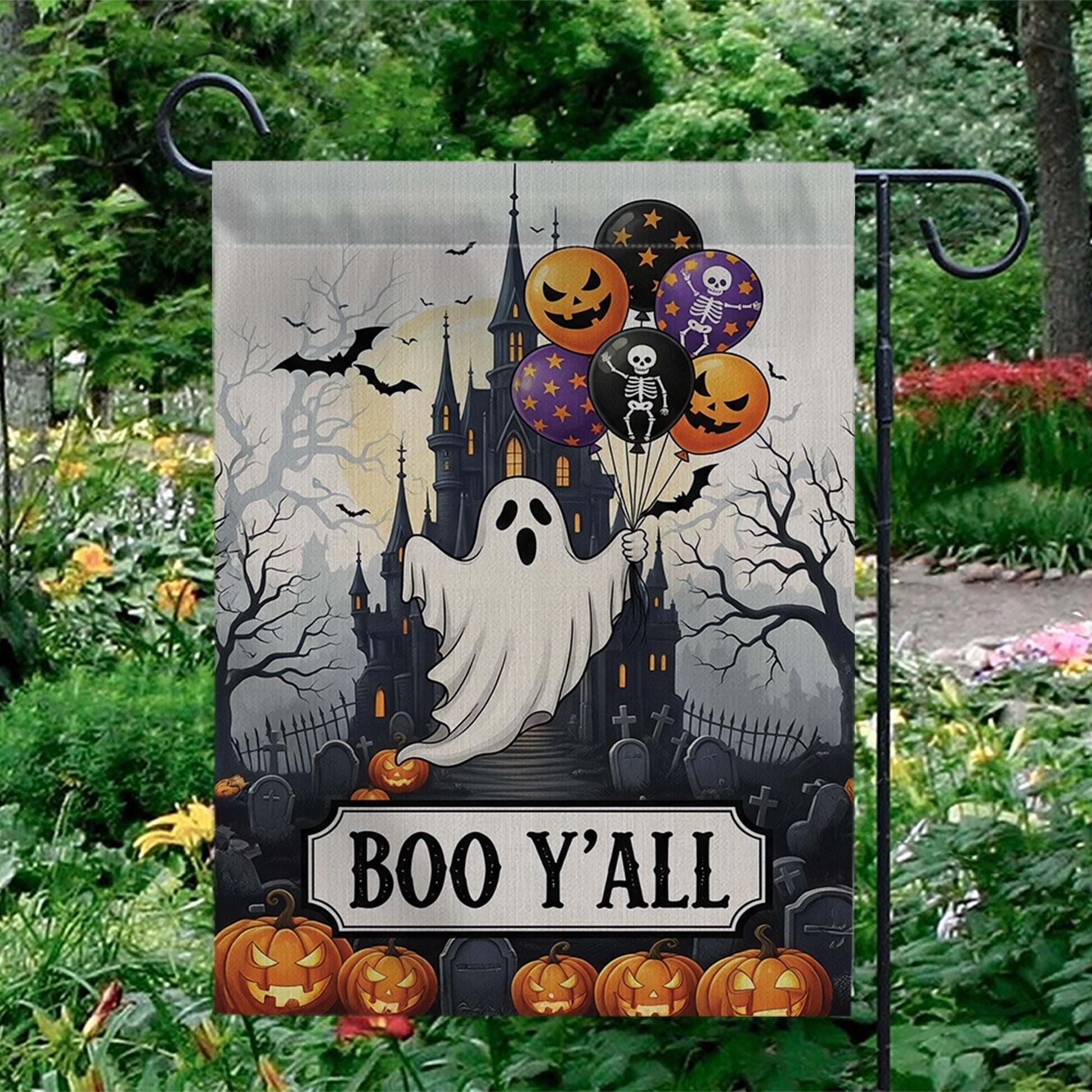 Boo Y'all Halloween Garden Flag - Spooky Ghost Castle Outdoor Decor - Pumpkin Yard Art - Fall Porch Banner - Trick or Treat Sign