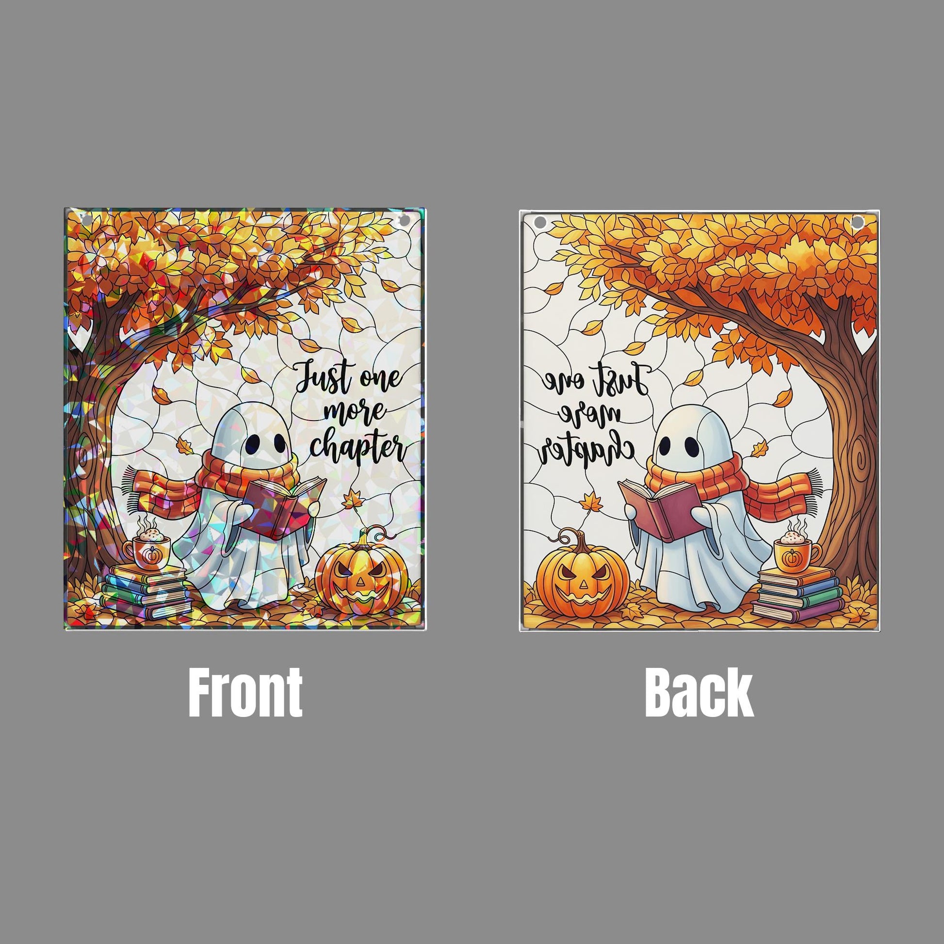Ghost Reading Stained Glass Suncatcher – Fall Book Lover Window Decor – Halloween Ghost Ornament – Just One More Chapter Gift