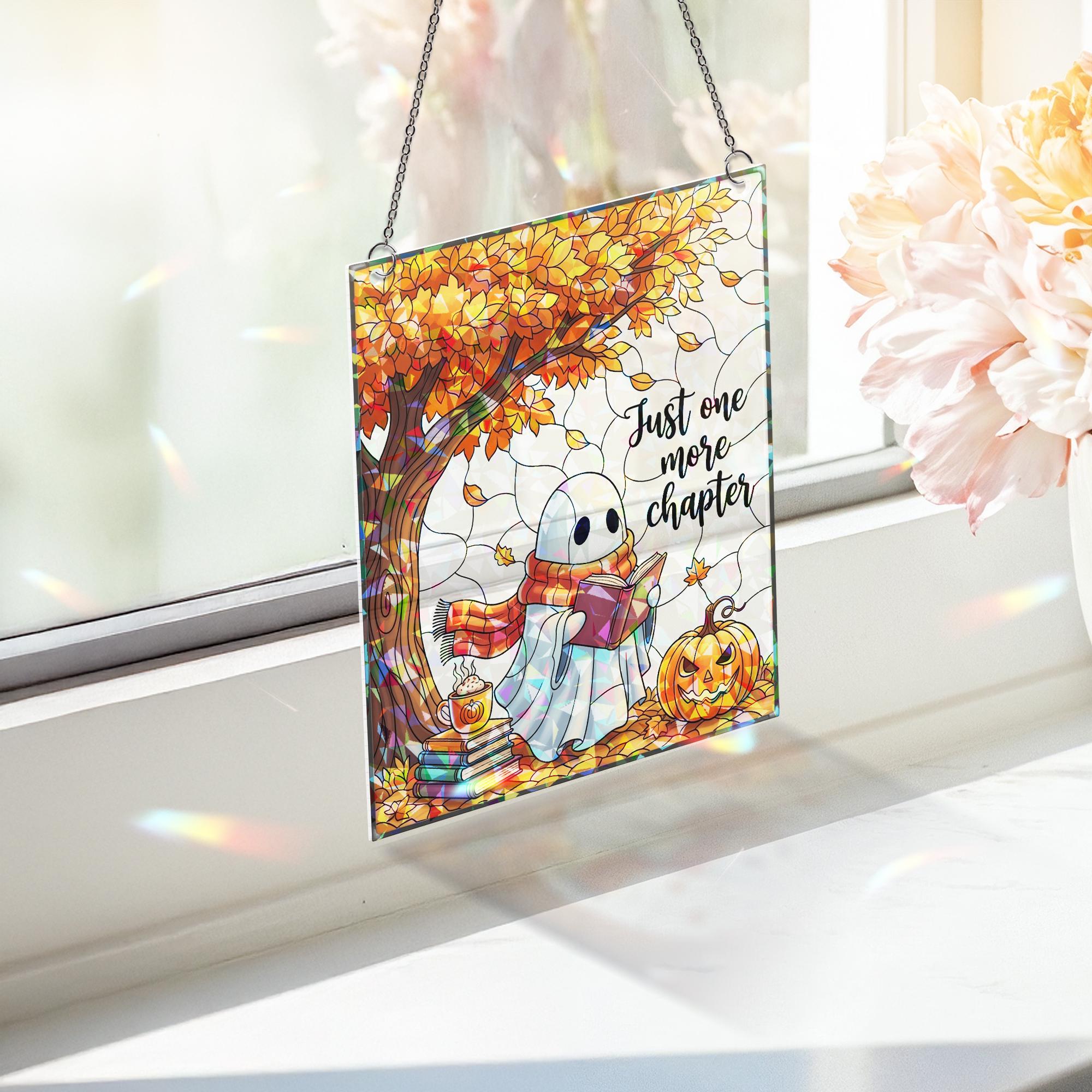 Ghost Reading Stained Glass Suncatcher – Fall Book Lover Window Decor – Halloween Ghost Ornament – Just One More Chapter Gift