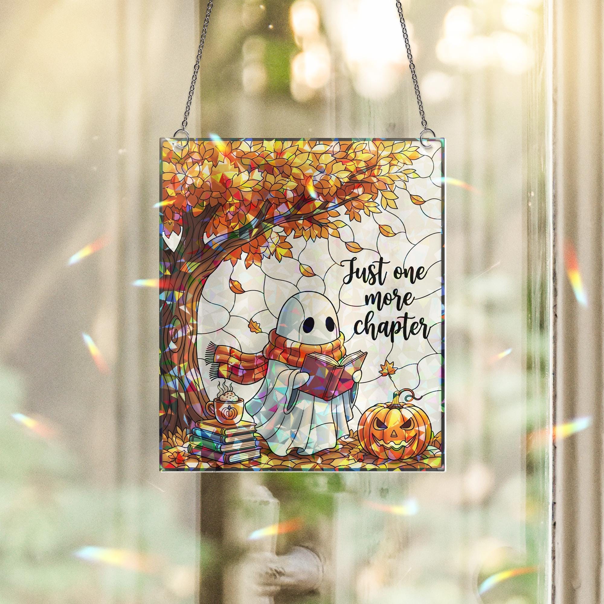 Ghost Reading Stained Glass Suncatcher – Fall Book Lover Window Decor – Halloween Ghost Ornament – Just One More Chapter Gift