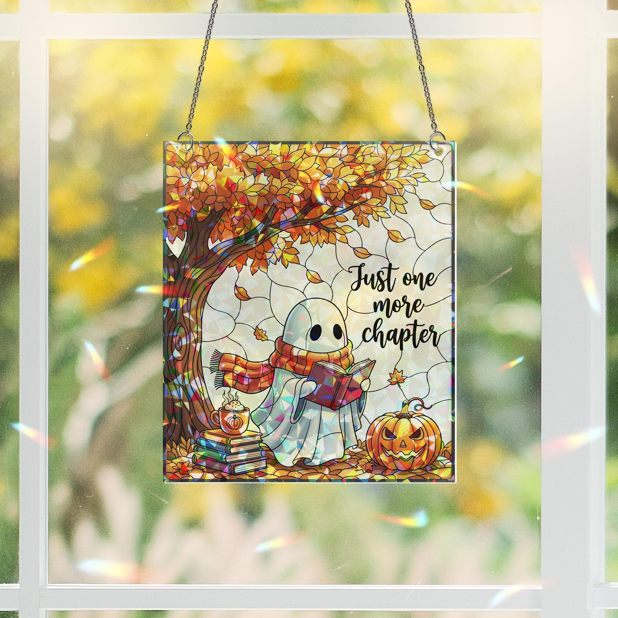Ghost Reading Stained Glass Suncatcher – Fall Book Lover Window Decor – Halloween Ghost Ornament – Just One More Chapter Gift