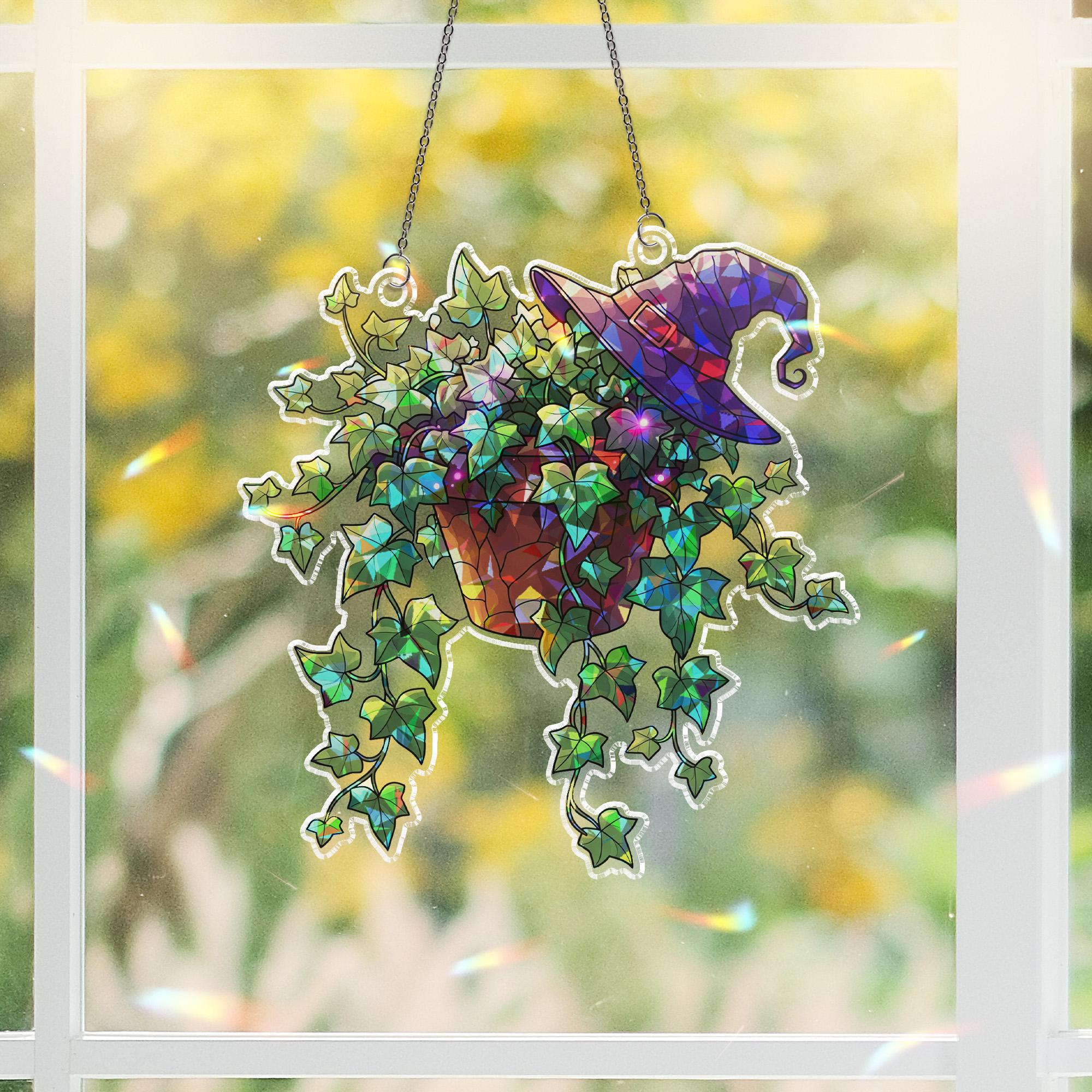 Witchy Ivy Plant Suncatcher – Stained Glass Witch Hat Window Decor – Halloween Plant Mom Gift – Boho Botanical Window Hanging