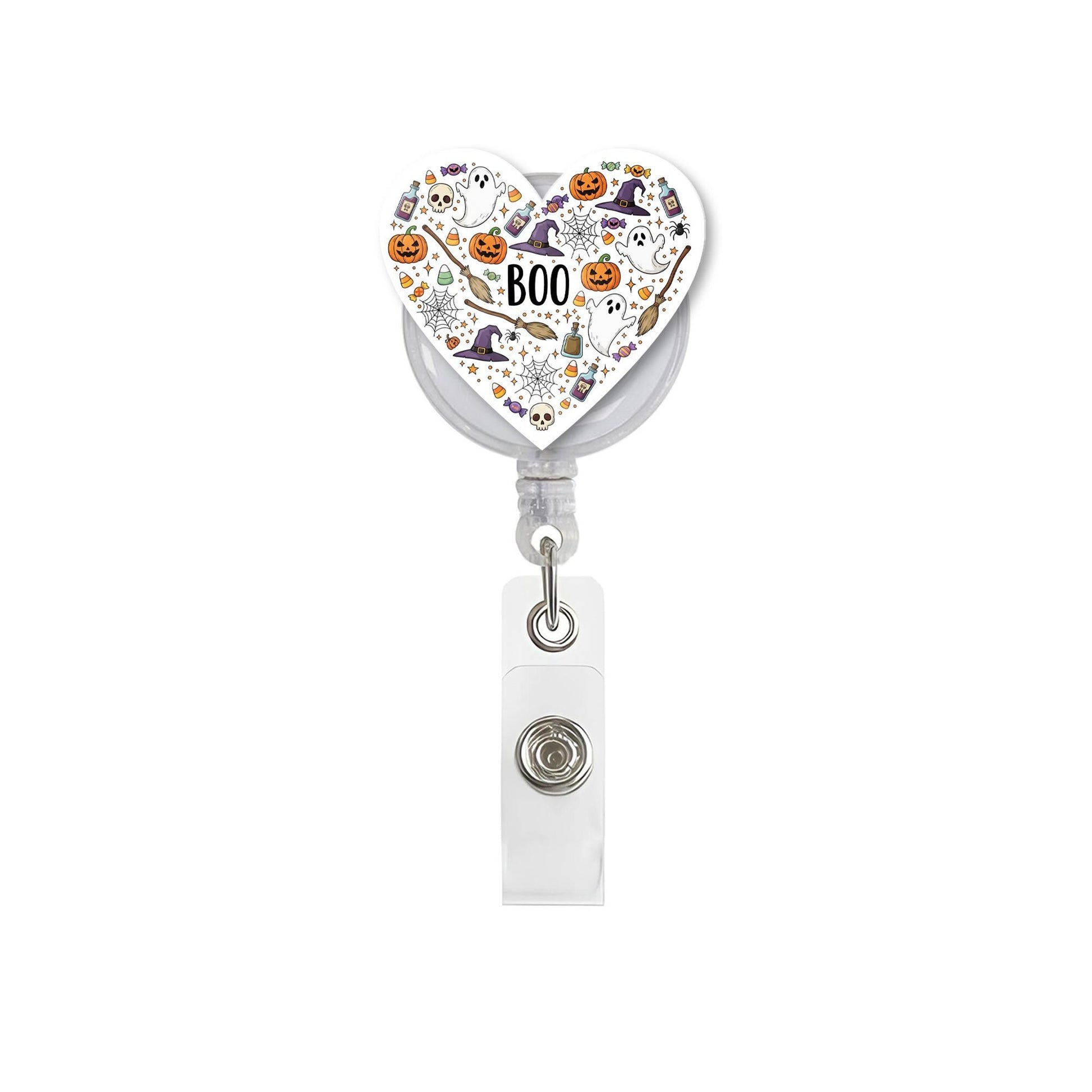 Boo Halloween Heart Badge Reel - Spooky Retractable ID Holder - Nurse Teacher Student Gift - Cute Ghost Pumpkin Design - Fall Accessory