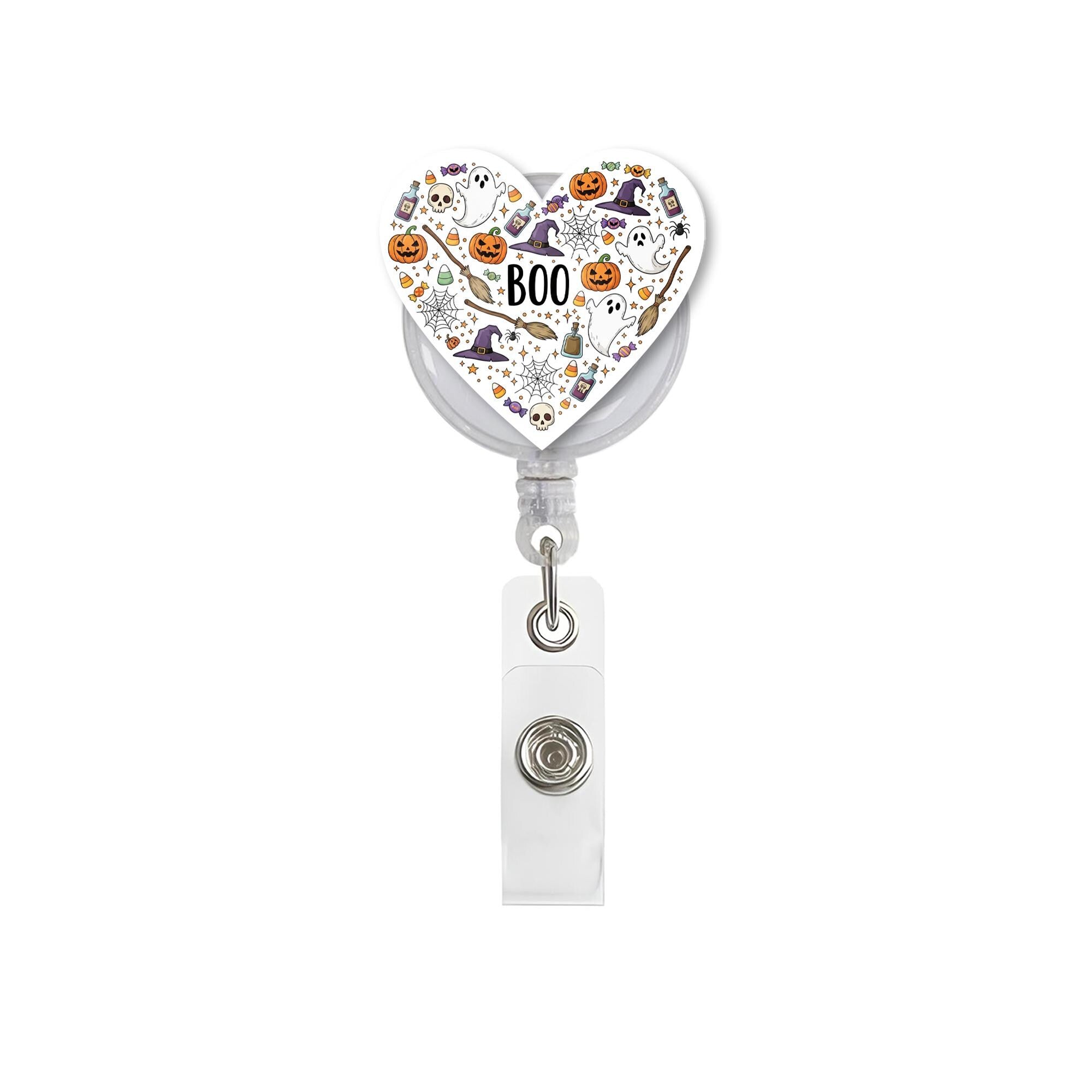 Boo Halloween Heart Badge Reel - Spooky Retractable ID Holder - Nurse Teacher Student Gift - Cute Ghost Pumpkin Design - Fall Accessory