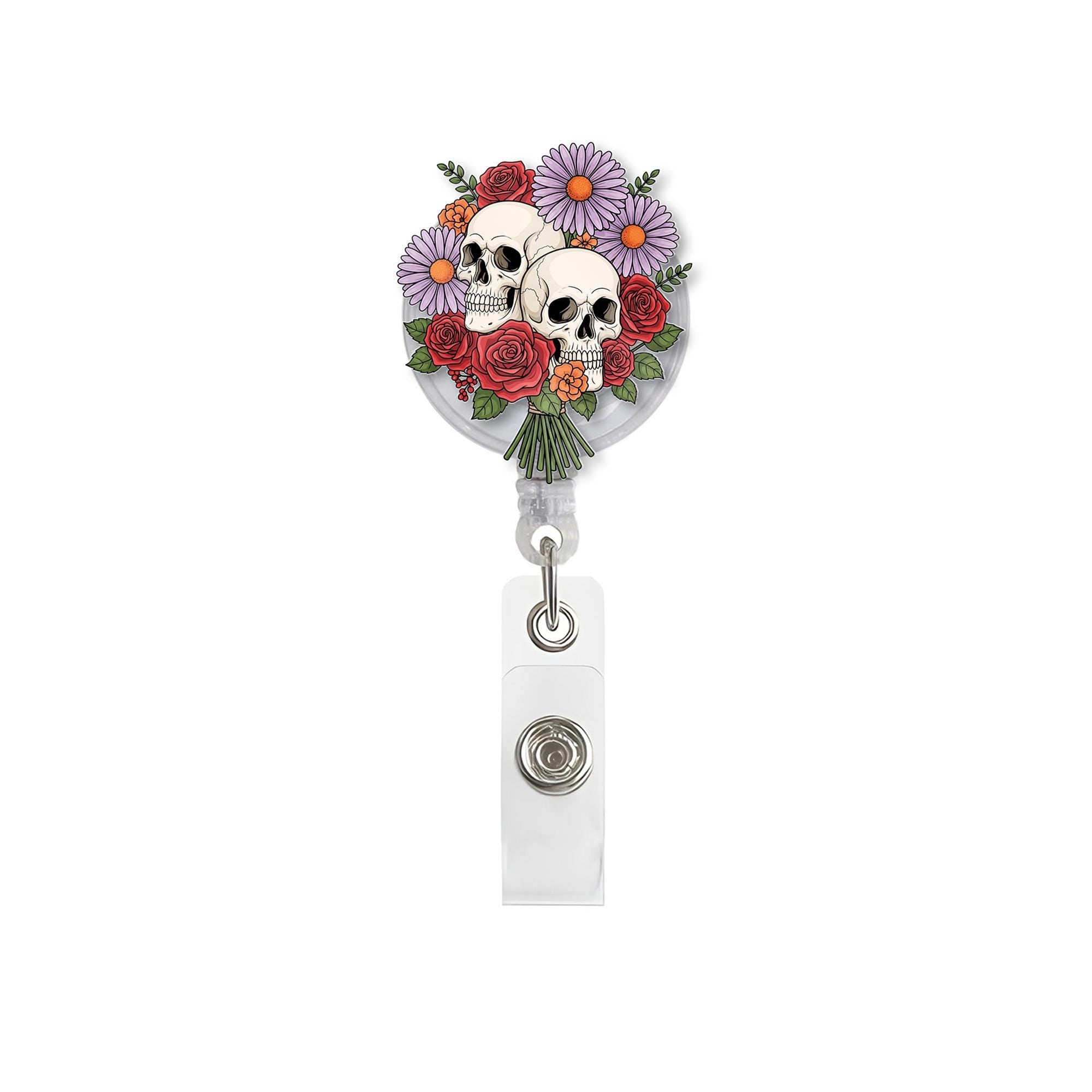 Floral Skull Badge Reel – Retractable ID Holder for Nurses & Professionals, Gothic Flower Badge Clip, Halloween Office Gift