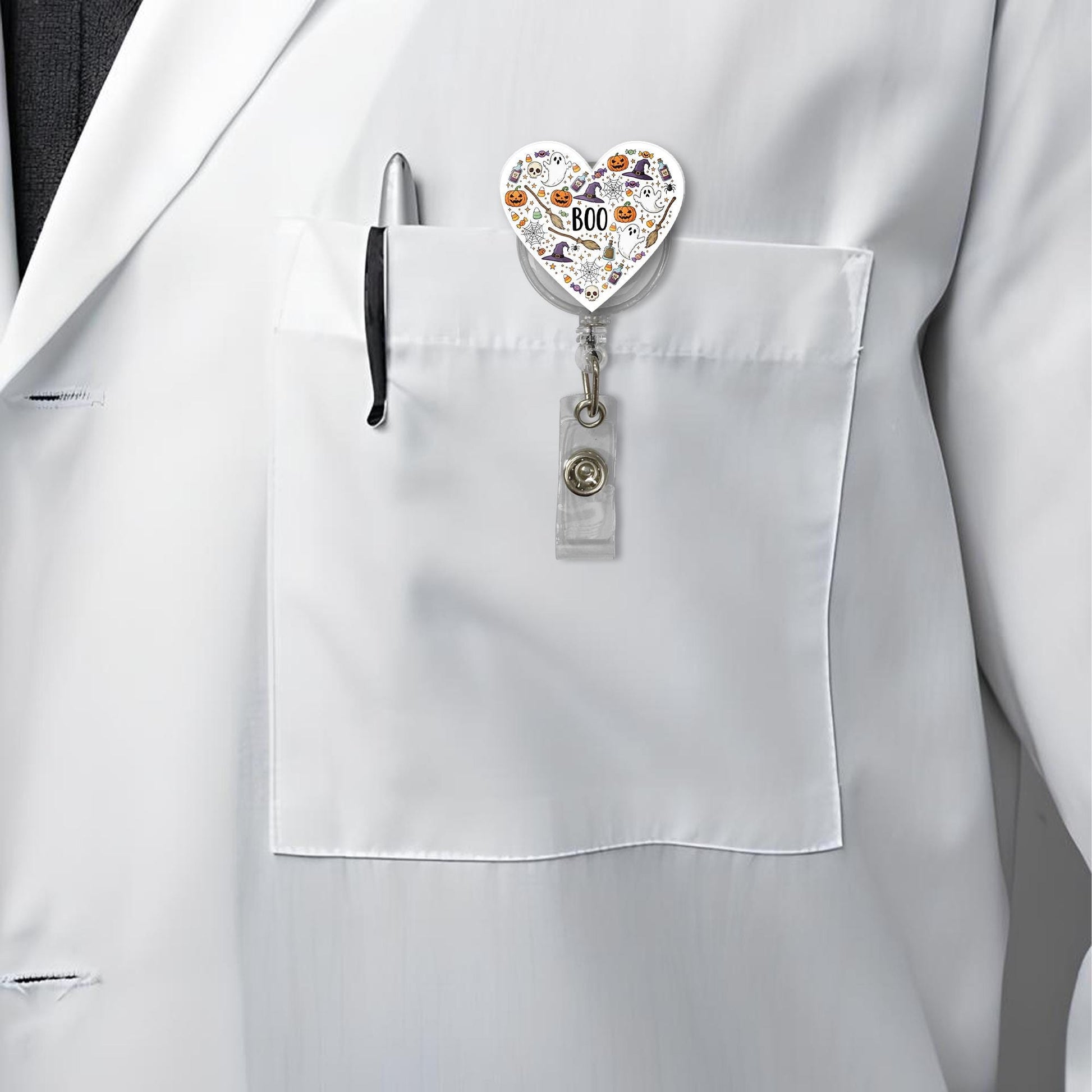 Boo Halloween Heart Badge Reel - Spooky Retractable ID Holder - Nurse Teacher Student Gift - Cute Ghost Pumpkin Design - Fall Accessory
