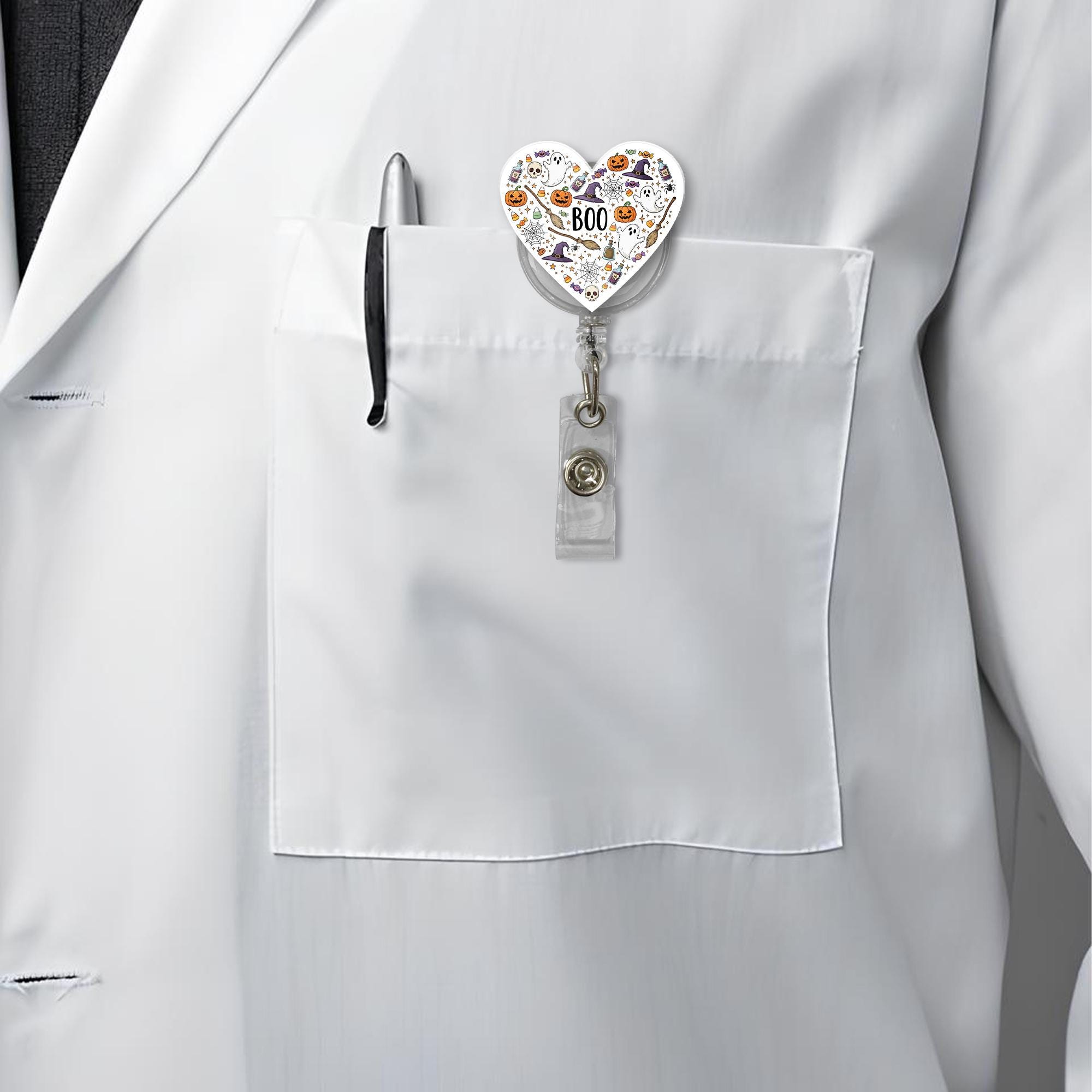 Boo Halloween Heart Badge Reel - Spooky Retractable ID Holder - Nurse Teacher Student Gift - Cute Ghost Pumpkin Design - Fall Accessory