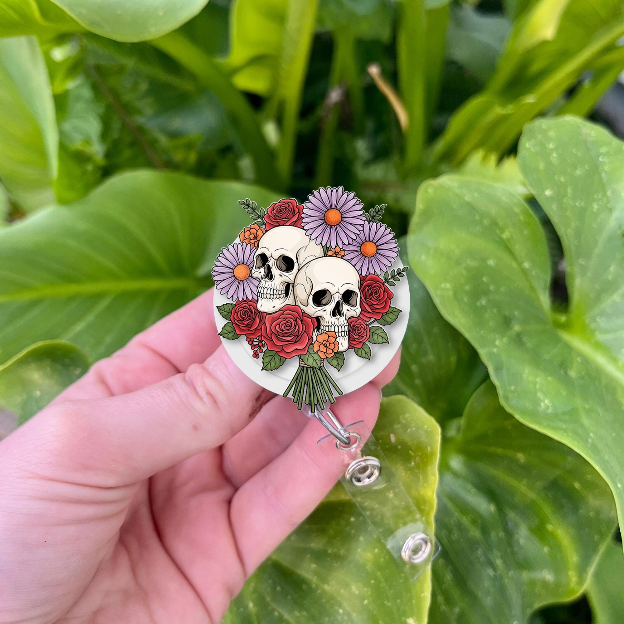 Floral Skull Badge Reel – Retractable ID Holder for Nurses & Professionals, Gothic Flower Badge Clip, Halloween Office Gift