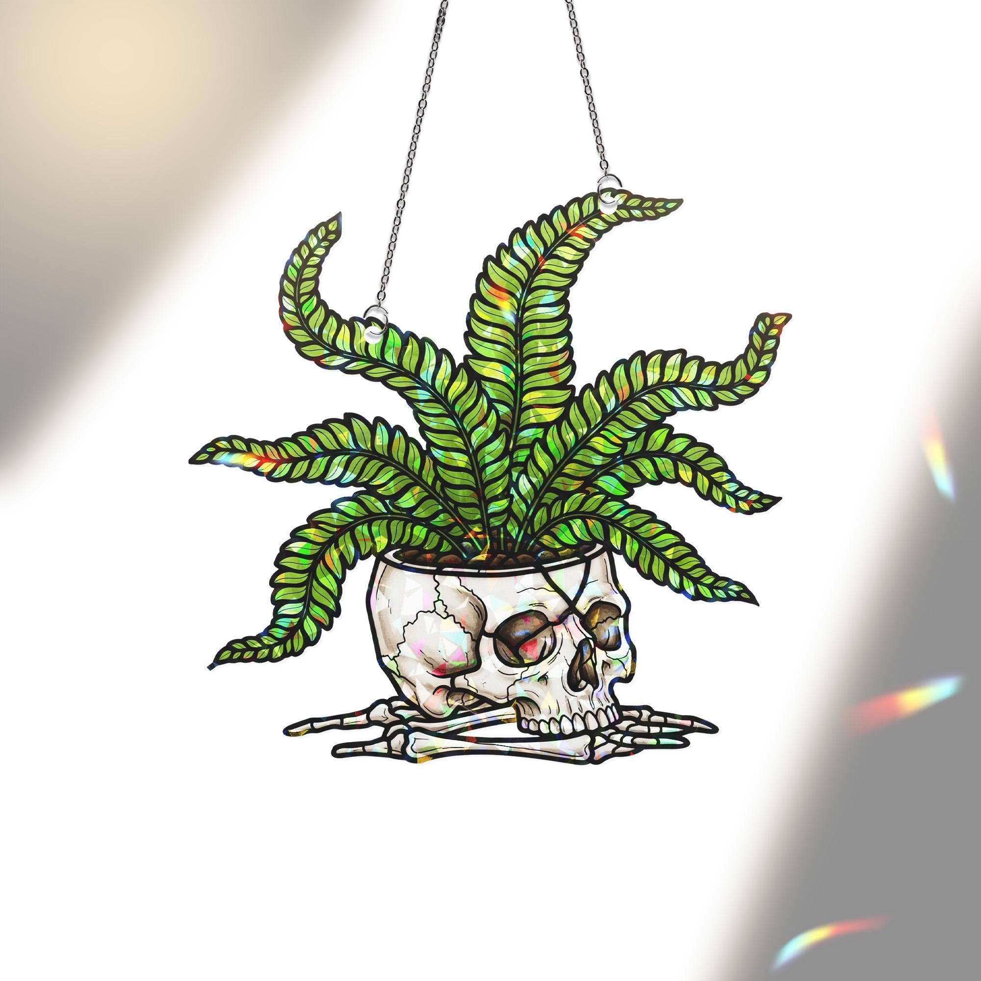 Skull Planter Suncatcher – Stained Glass Halloween Window Decor – Gothic Plant Lover Gift – Spooky Fern Window Hanging