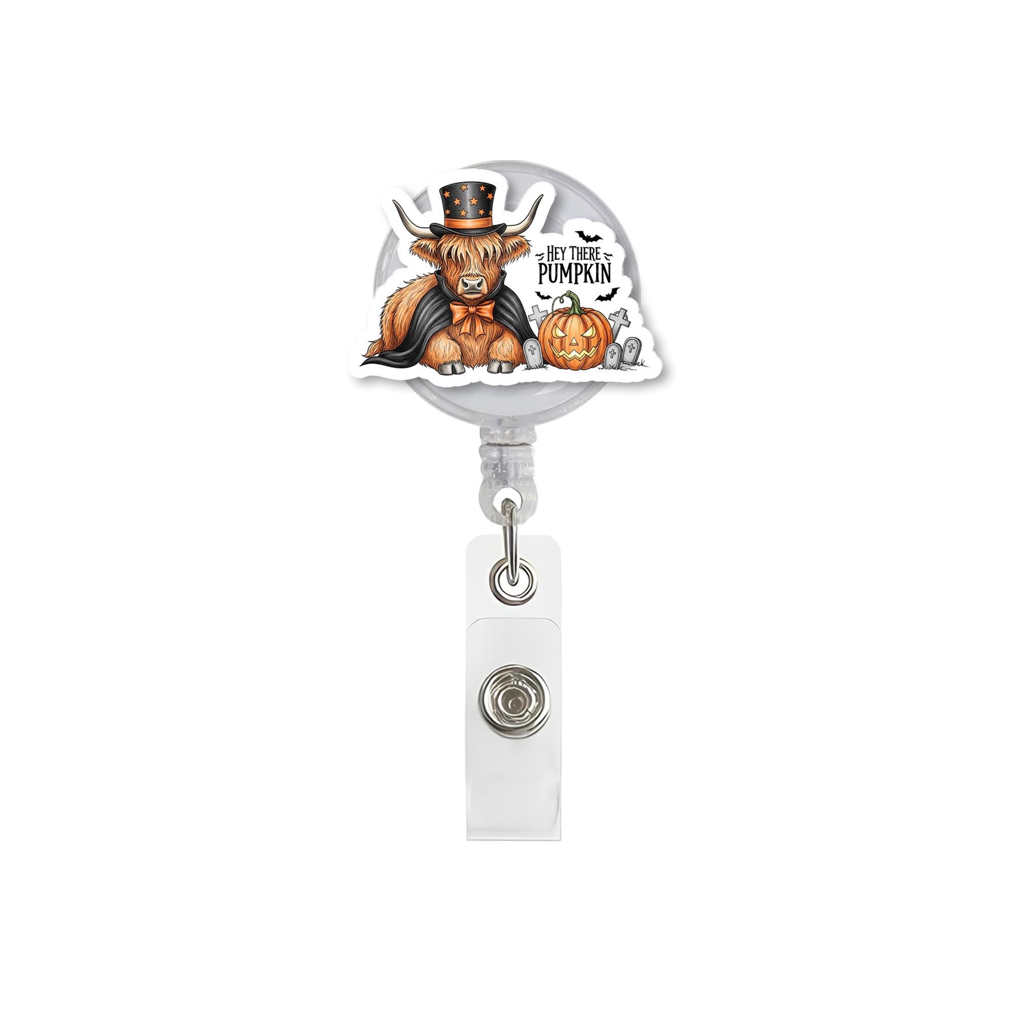 Highland Cow Halloween Badge Reel - Hey There Pumpkin Retractable ID Holder - Spooky Animal Nurse Teacher Student Gift - Fall Farm Decor