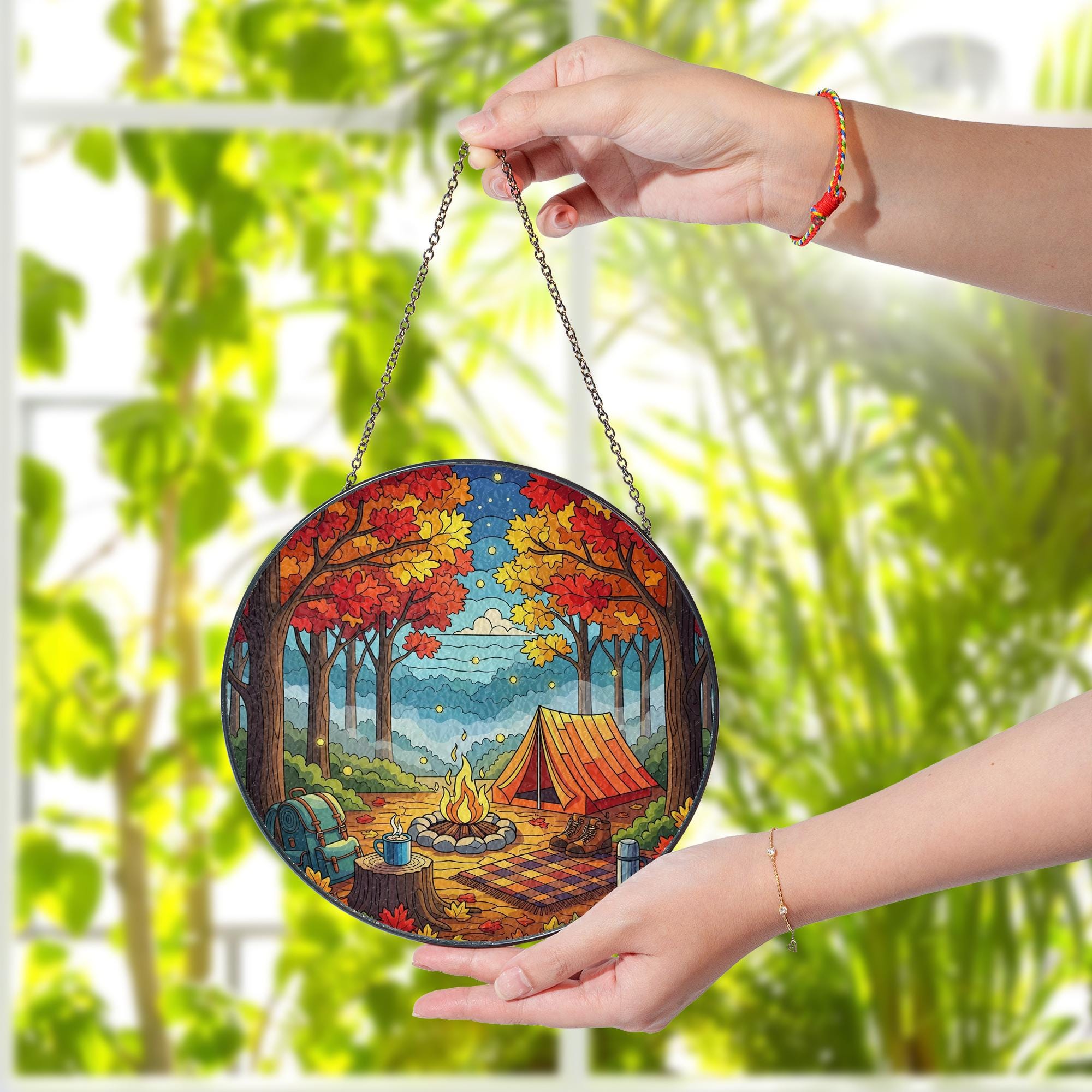 Autumn Camping Stained Glass Suncatcher - Fall Tent Campfire Cabin Decor