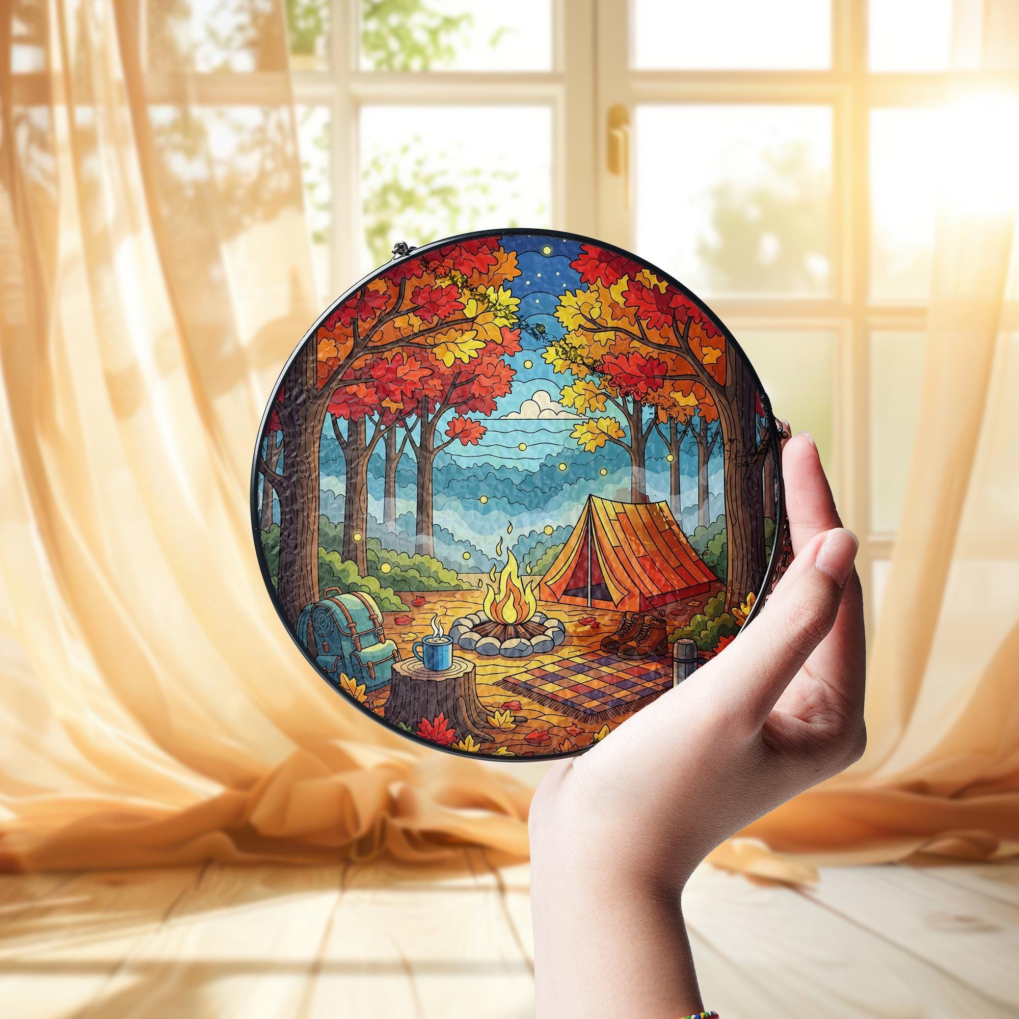 Autumn Camping Stained Glass Suncatcher - Fall Tent Campfire Cabin Decor