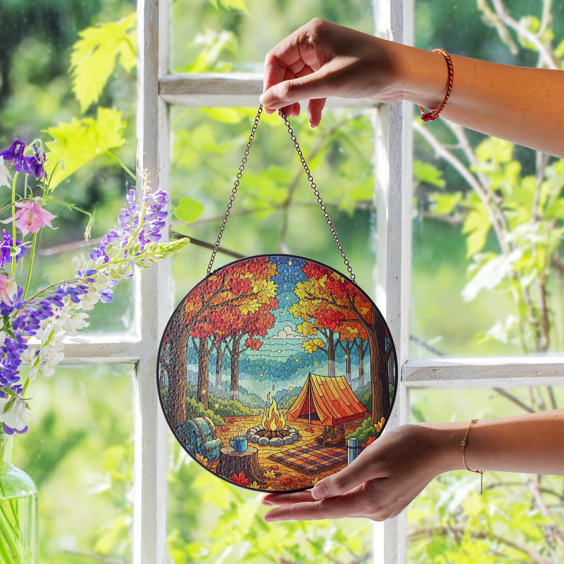 Autumn Camping Stained Glass Suncatcher - Fall Tent Campfire Cabin Decor