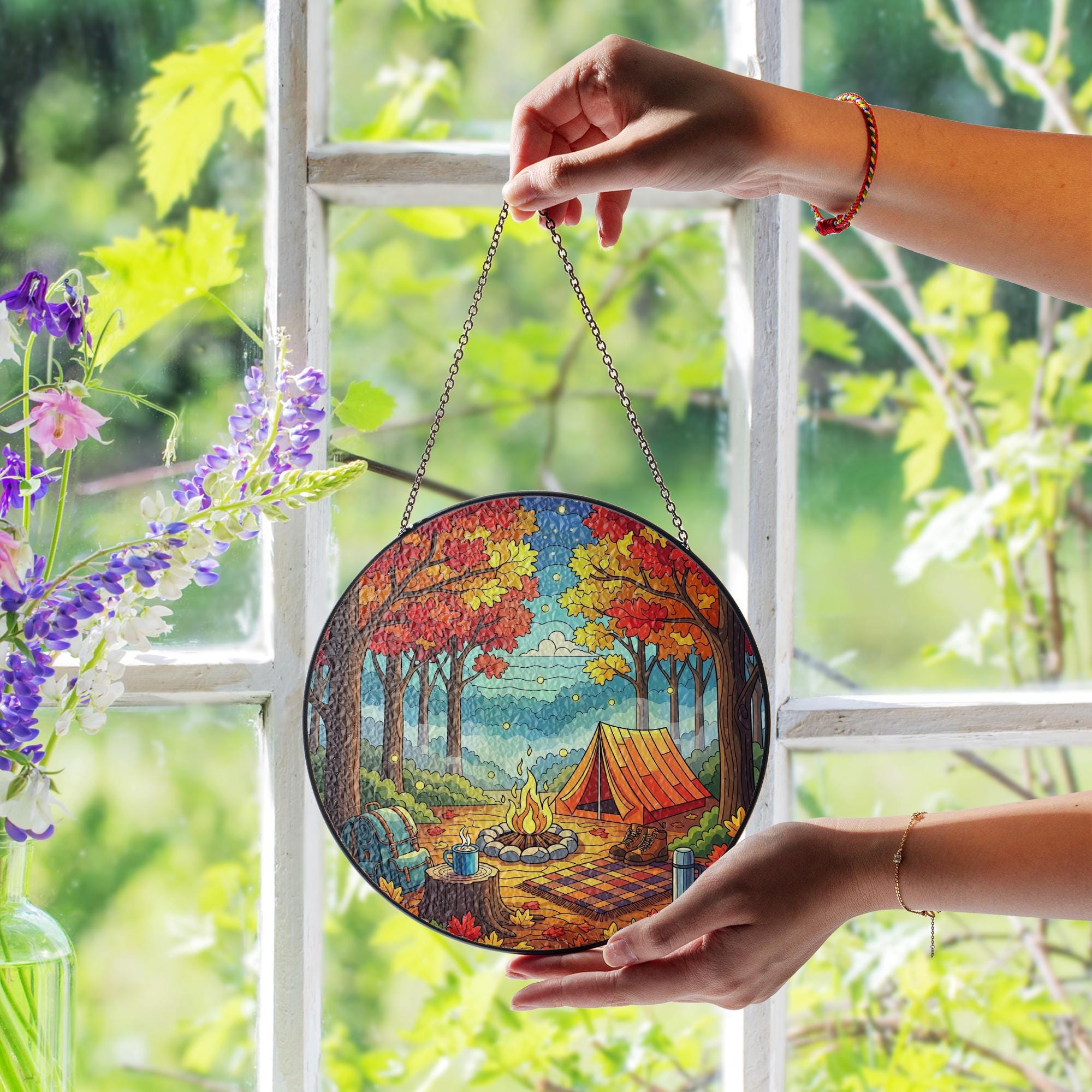 Autumn Camping Stained Glass Suncatcher - Fall Tent Campfire Cabin Decor