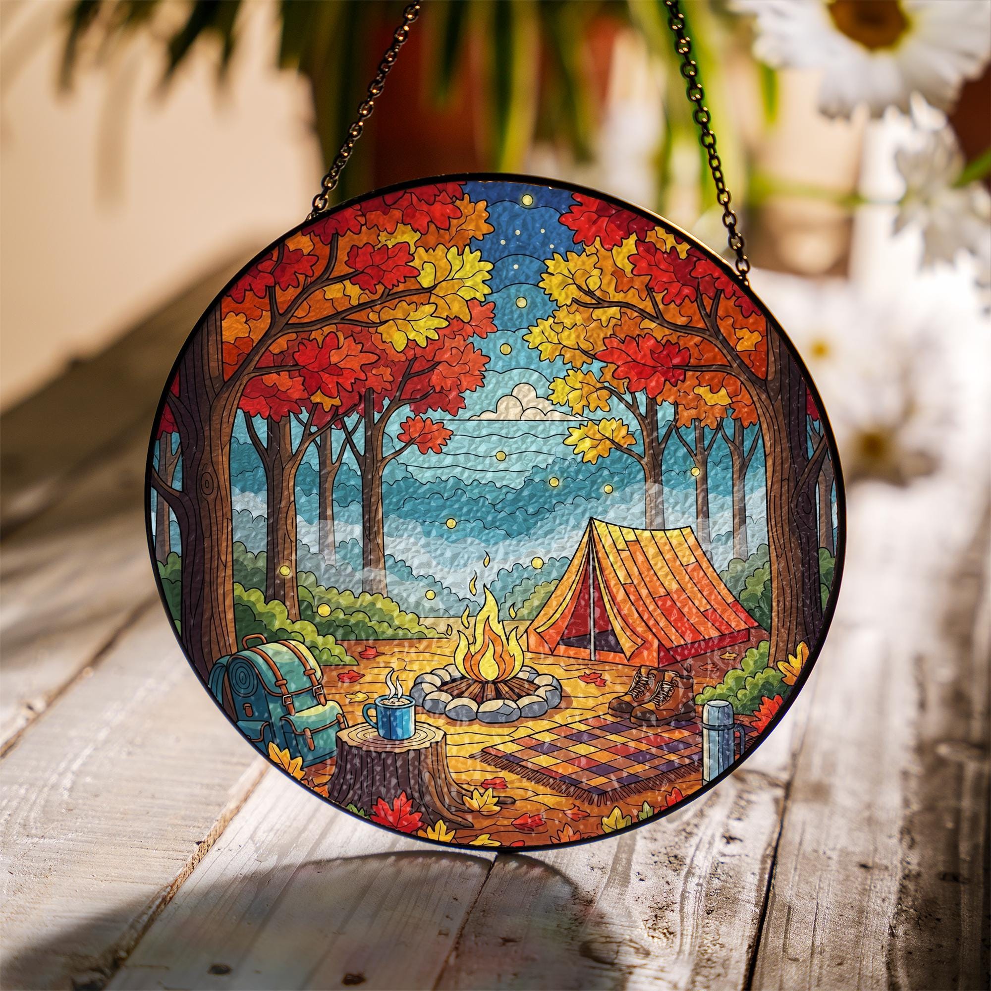 Autumn Camping Stained Glass Suncatcher - Fall Tent Campfire Cabin Decor