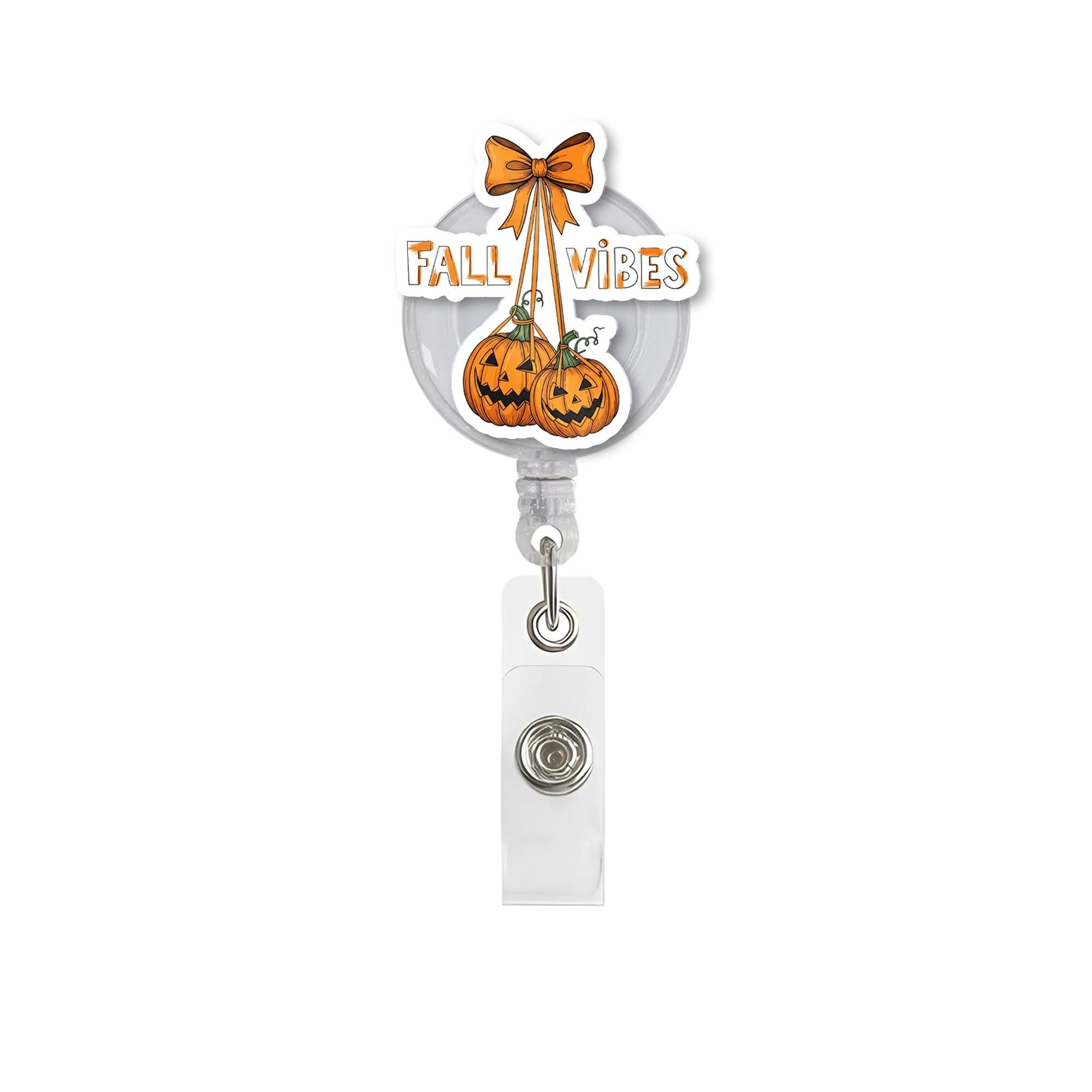Fall Vibes Pumpkin Badge Reel - Autumn Retractable ID Holder - Nurse Teacher Student Gift - Cute Jack-o'-Lantern Design - Seasonal Accessory